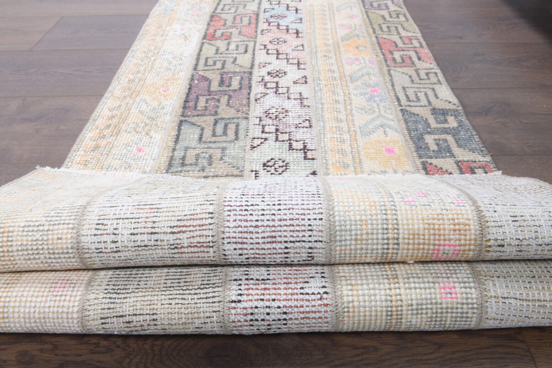 63x203 cm vintage patchwork Anatolian runner rug – Meltemumut, low pile, wool