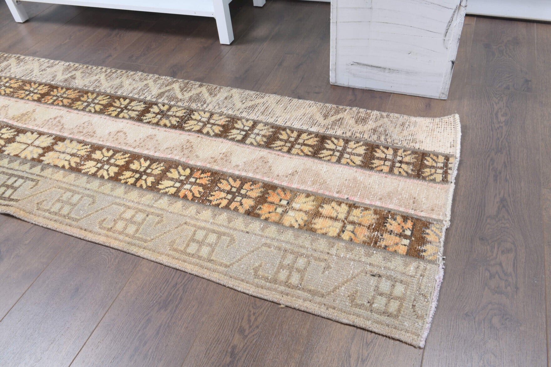 Meltempezir runner: 1970s handmade Anatolian runner with ikat motifs and fabric backing
