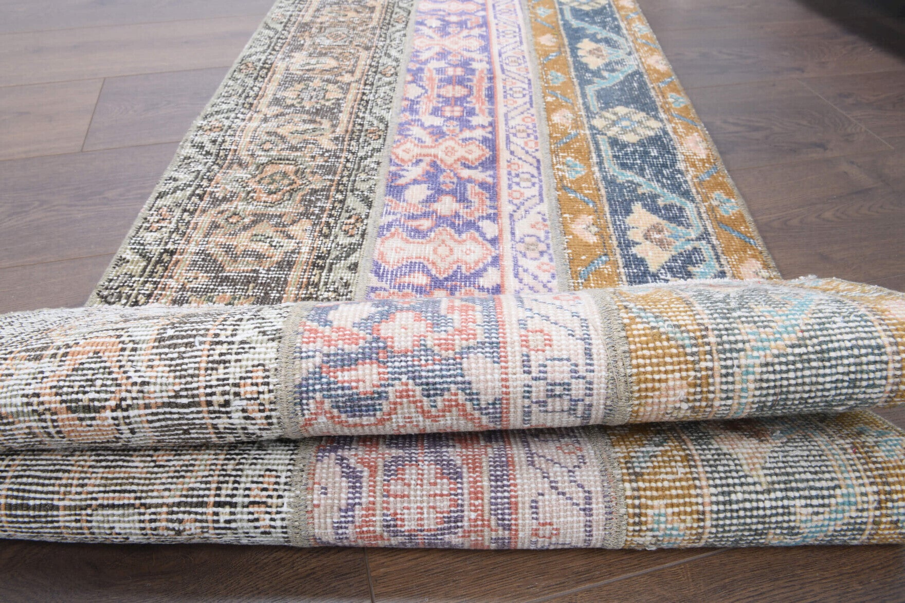 60x201 cm vintage patchwork Anatolian runner rug – Melitokleia, low pile, wool