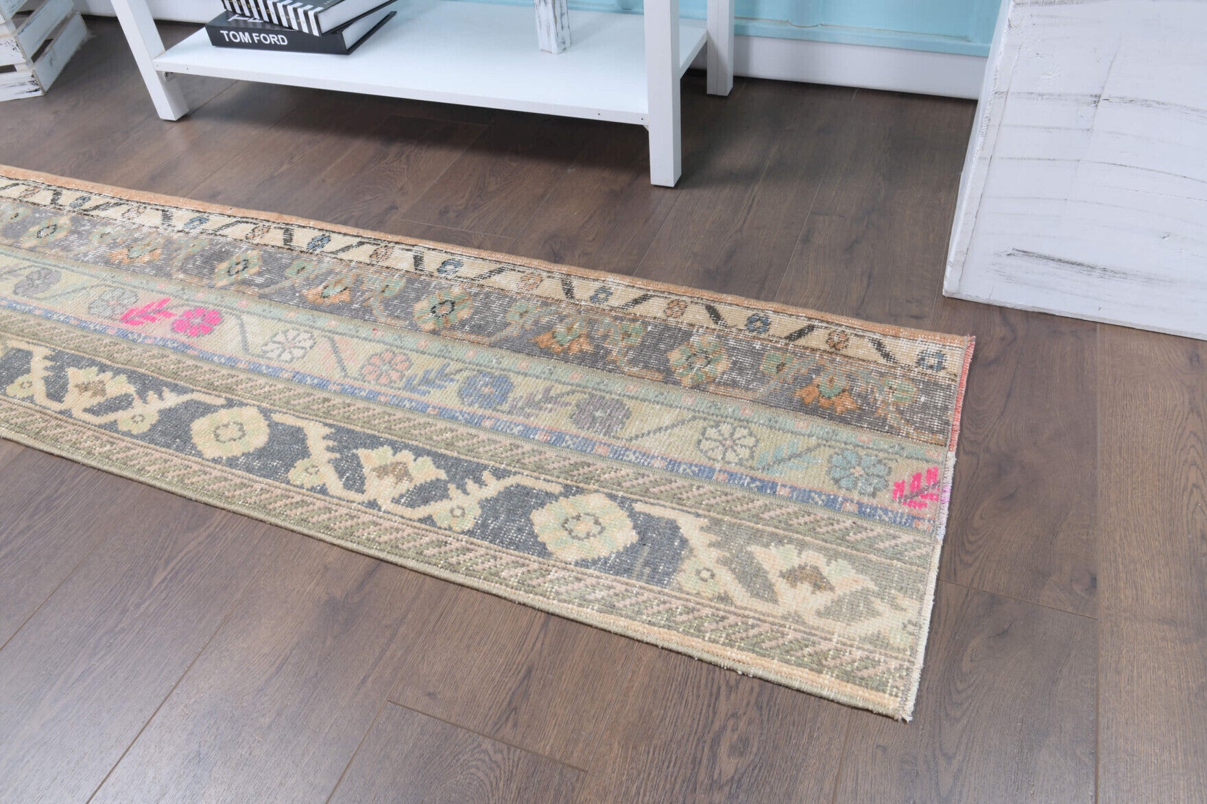 Melissophyllis runner: 1970s handmade Anatolian runner with ikat motifs and fabric backing