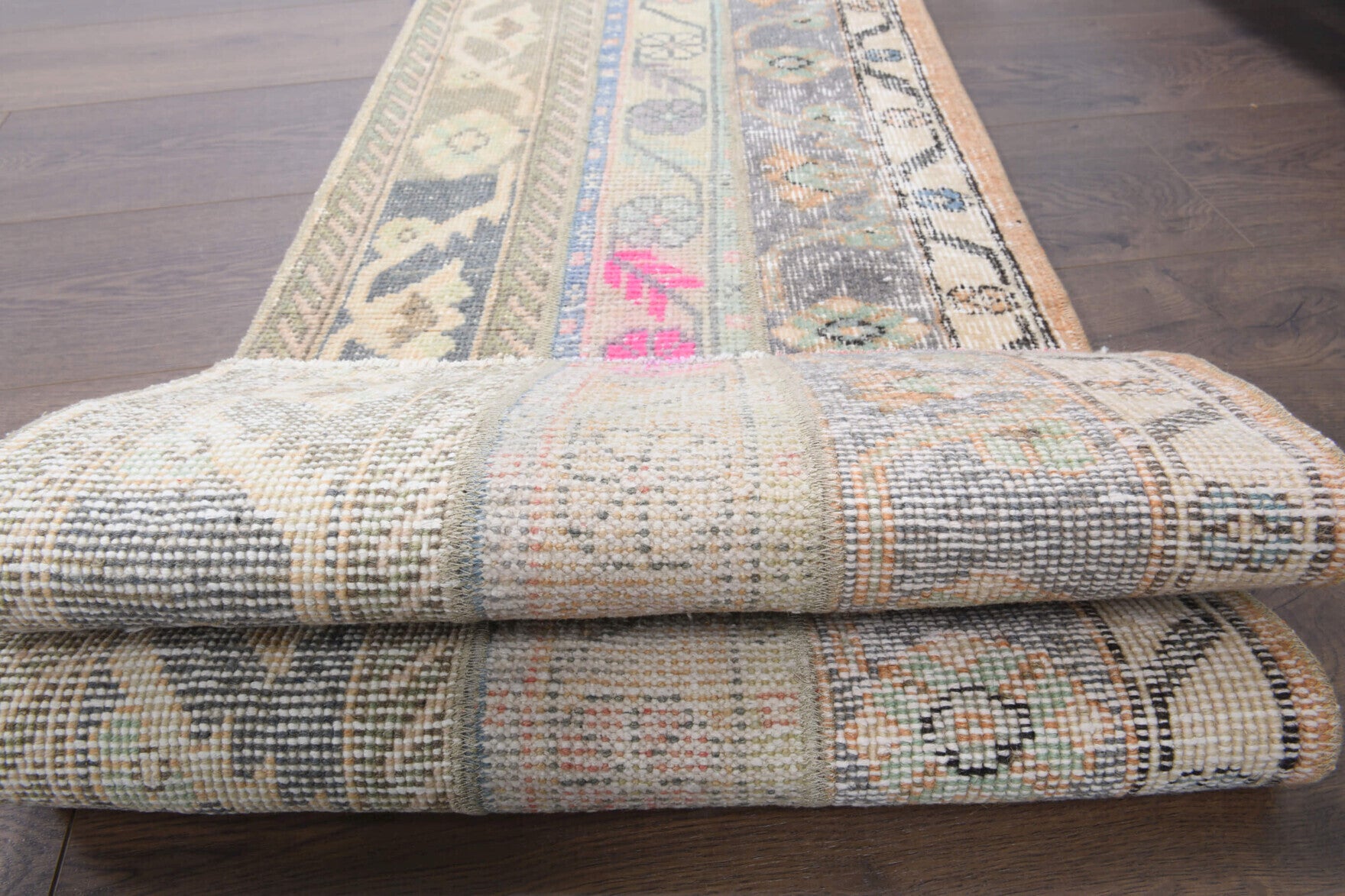50x195 cm vintage patchwork Anatolian runner rug – Melissophyllis, low pile, wool