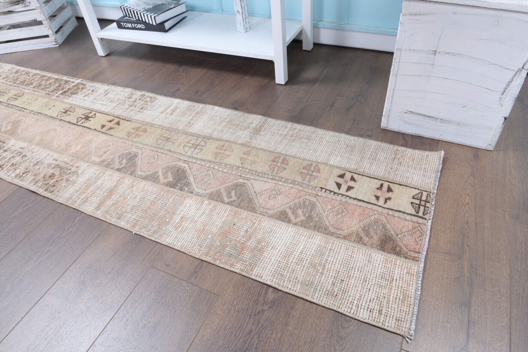 Melissomira runner: 1970s handmade Anatolian runner with ikat motifs and fabric backing