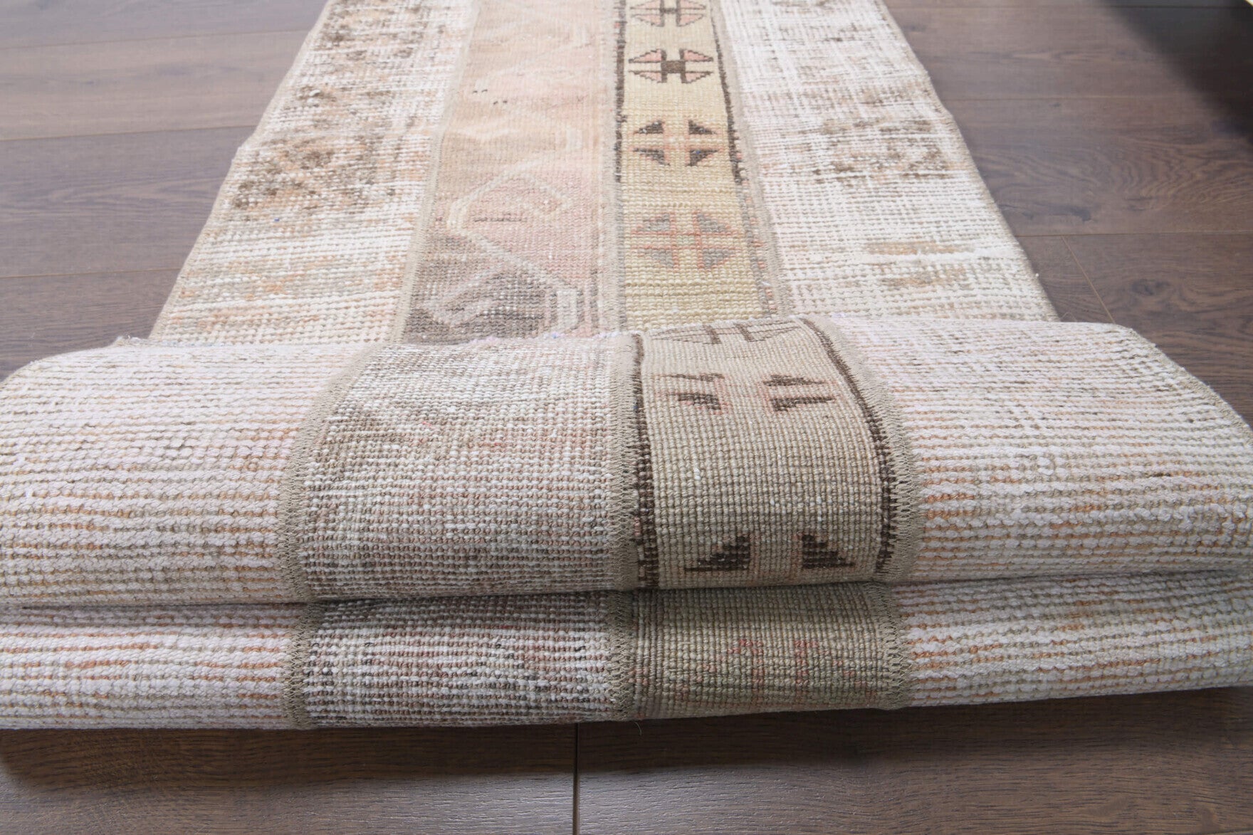57x226 cm vintage patchwork Anatolian runner rug – Melissomira, low pile, wool