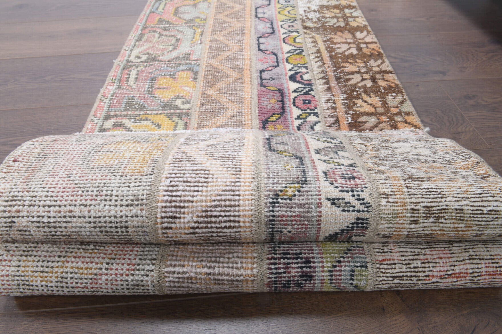 57x230 cm vintage patchwork Anatolian runner rug – Melissokrateia, low pile, wool