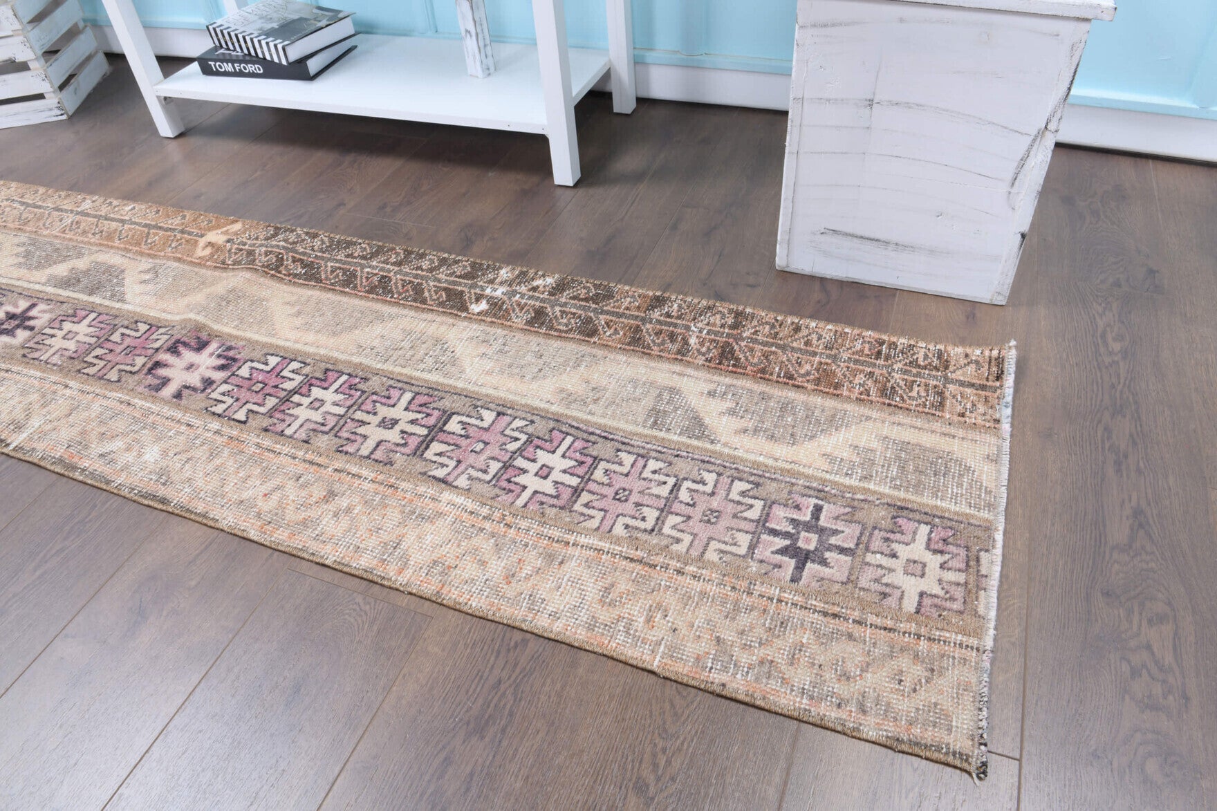 Mahnursu runner: 1970s handmade Anatolian runner with patchwork motifs and fabric backing