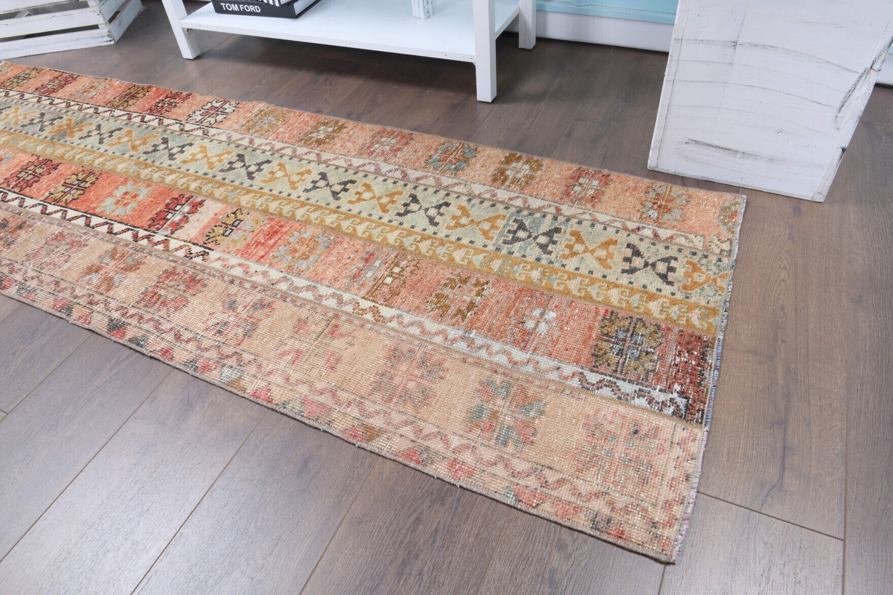 Lysinia runner: 1970s handmade Anatolian runner with patchwork motifs and fabric backing