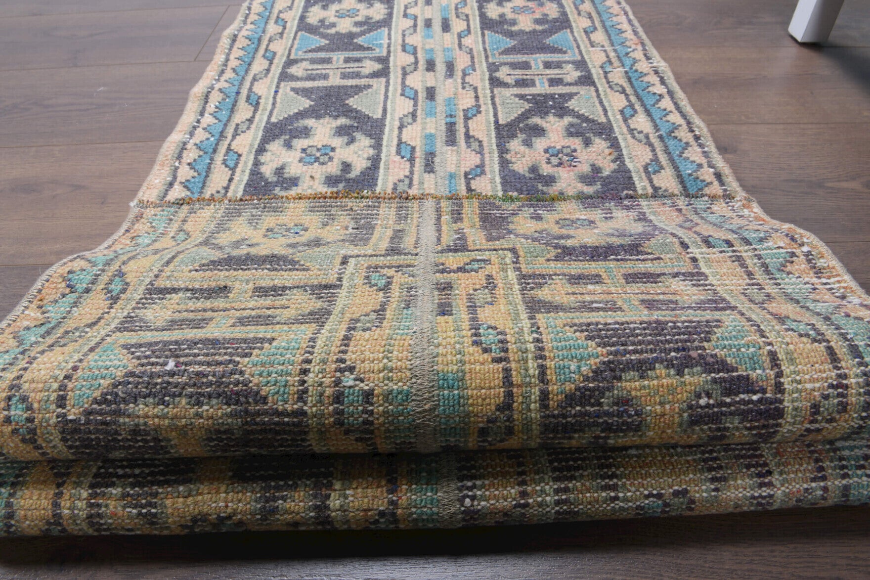 57x179 cm vintage patchwork Anatolian runner rug – Leucothoe, low pile, wool