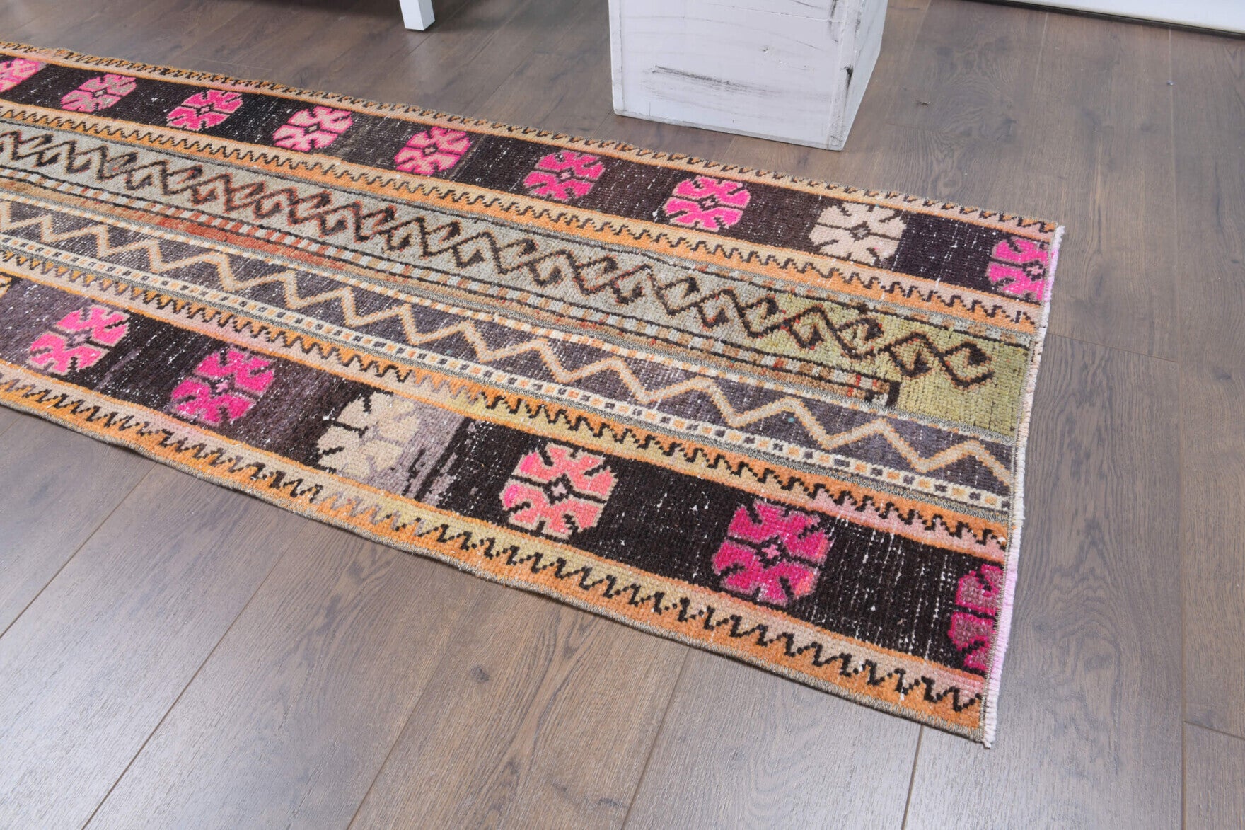 Kyrichoria runner: 1970s handmade Anatolian runner with ikat motifs and fabric backing