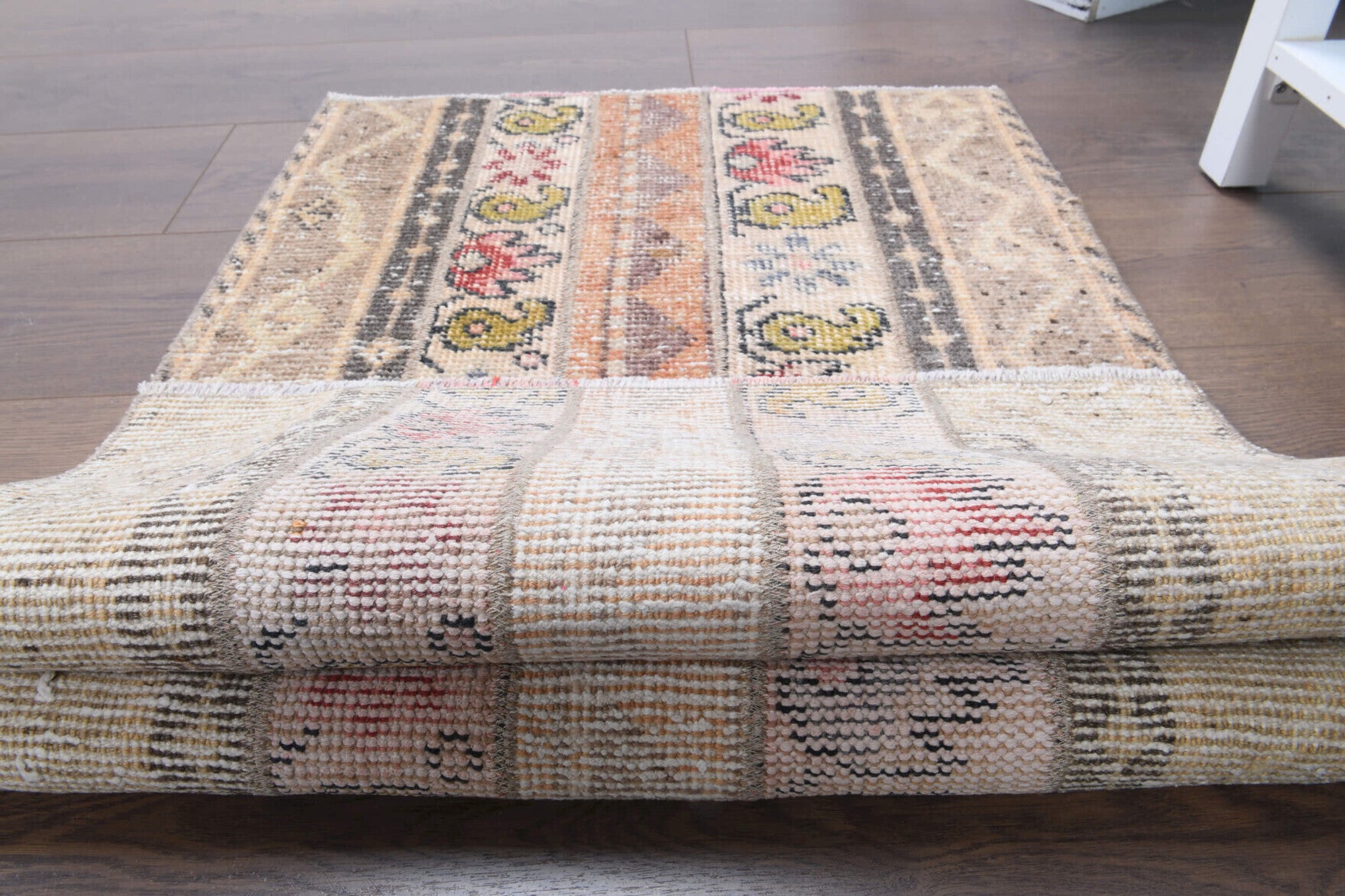 62x130 cm vintage patchwork Anatolian area rug – Kydothalia, low pile, wool