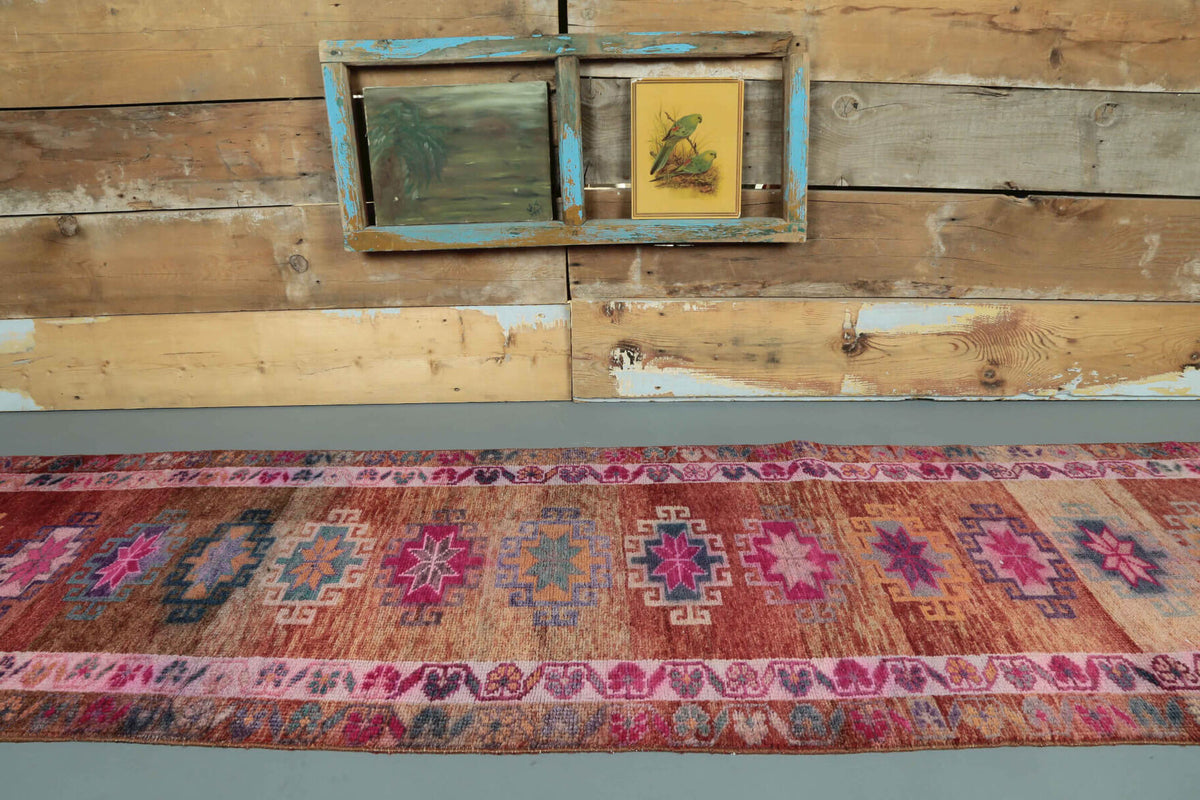 Danuhepa runner: 1970s handmade Anatolian runner with ikat motifs and cotton backing
