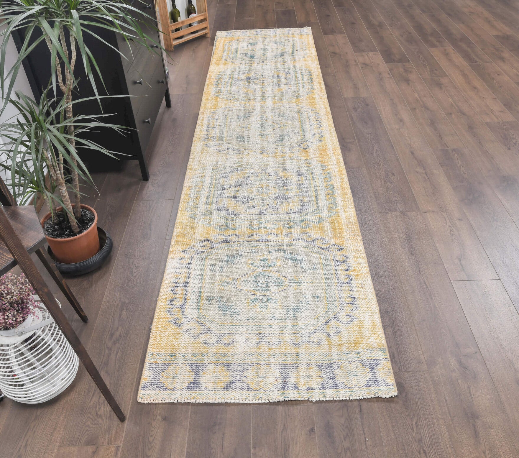 Faded Yellow Vintage Oushak Runner Rug