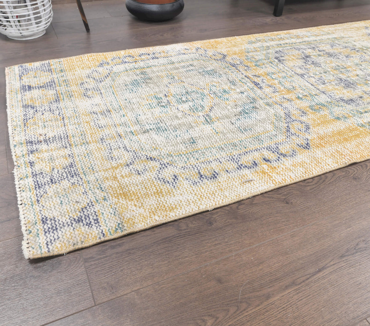 Faded Yellow Vintage Oushak Runner Rug