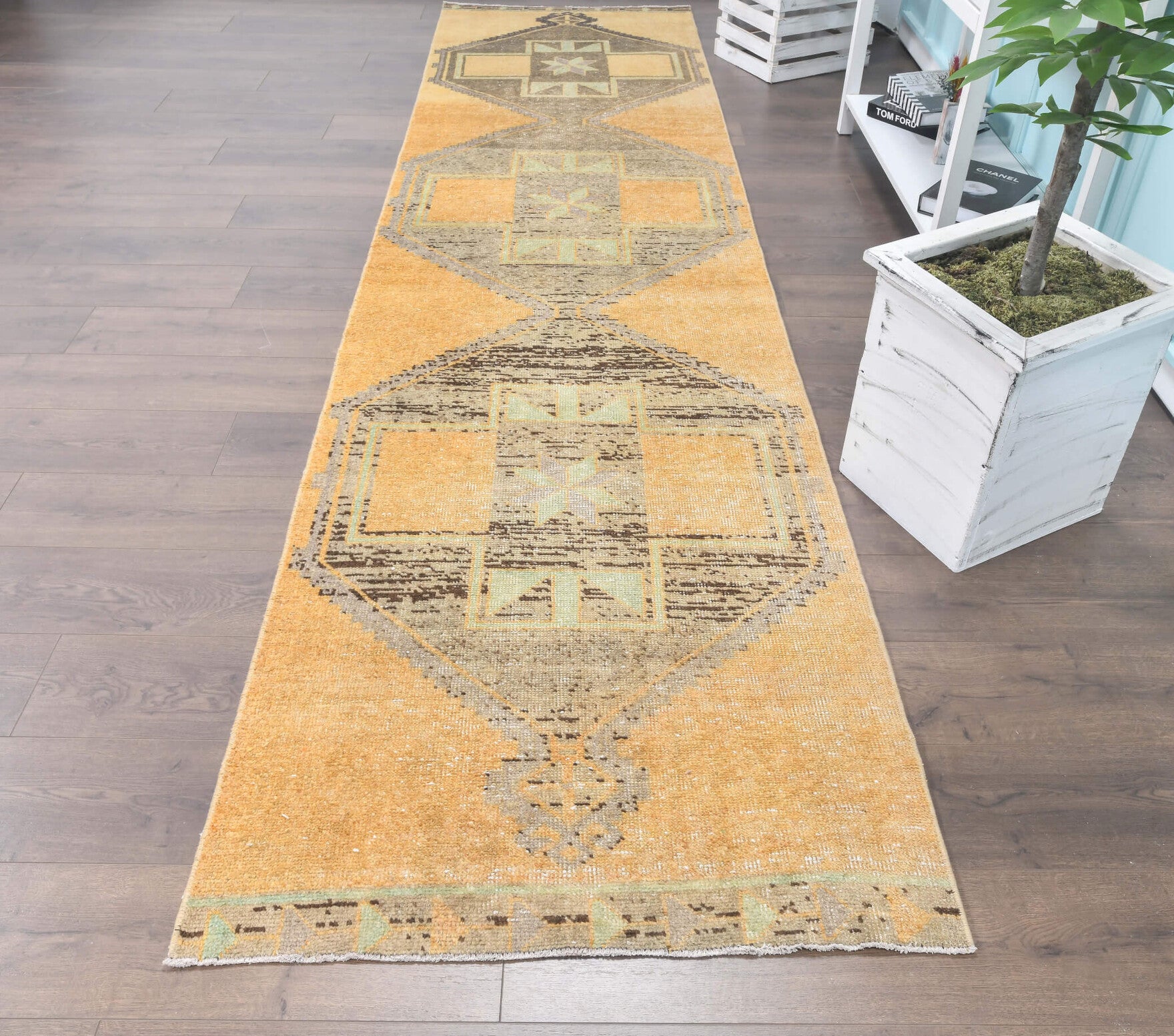 Vintage Faded Yellow Oushak Runner Rug