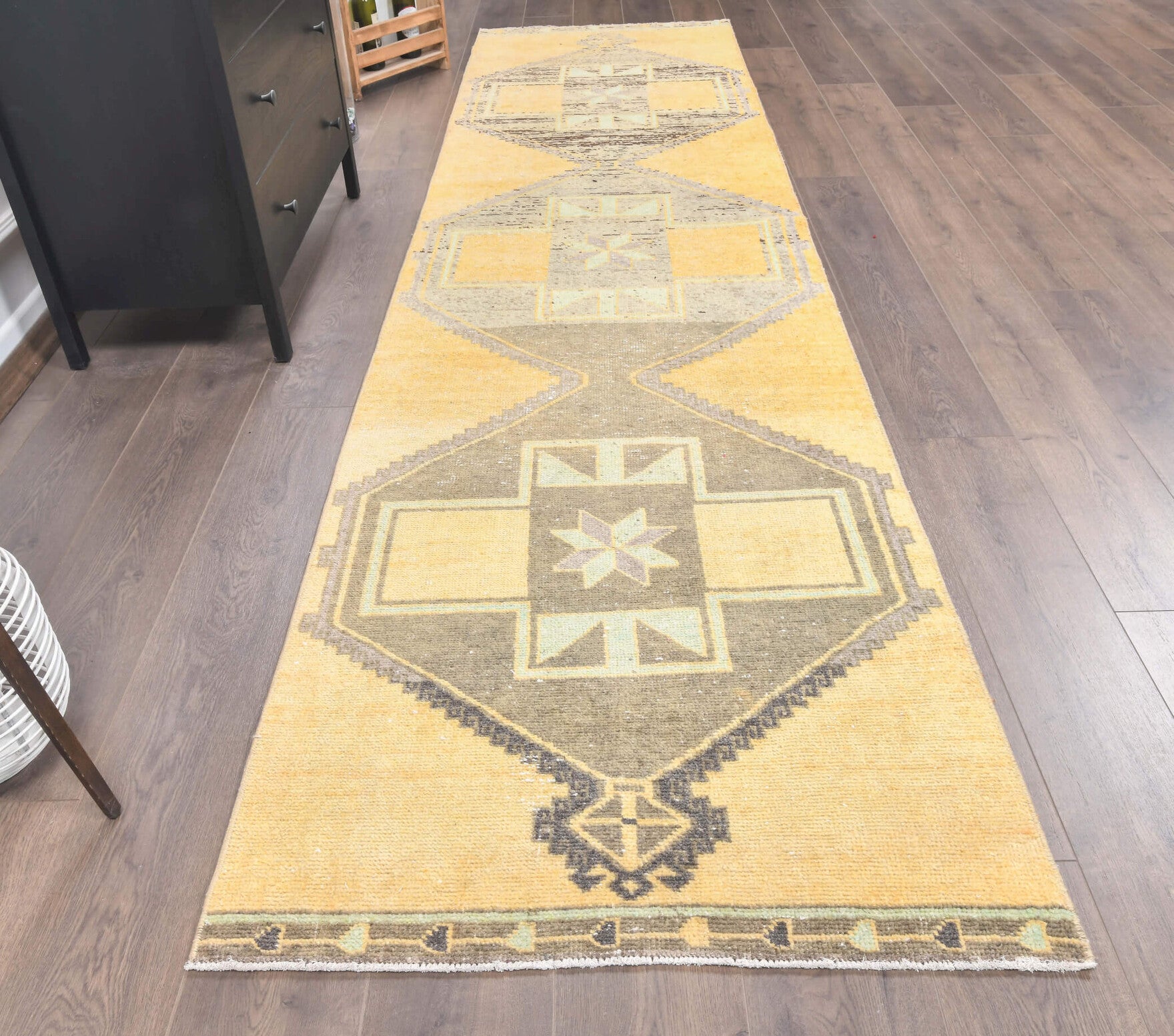 Vintage Faded Yellow Oushak Runner Rug
