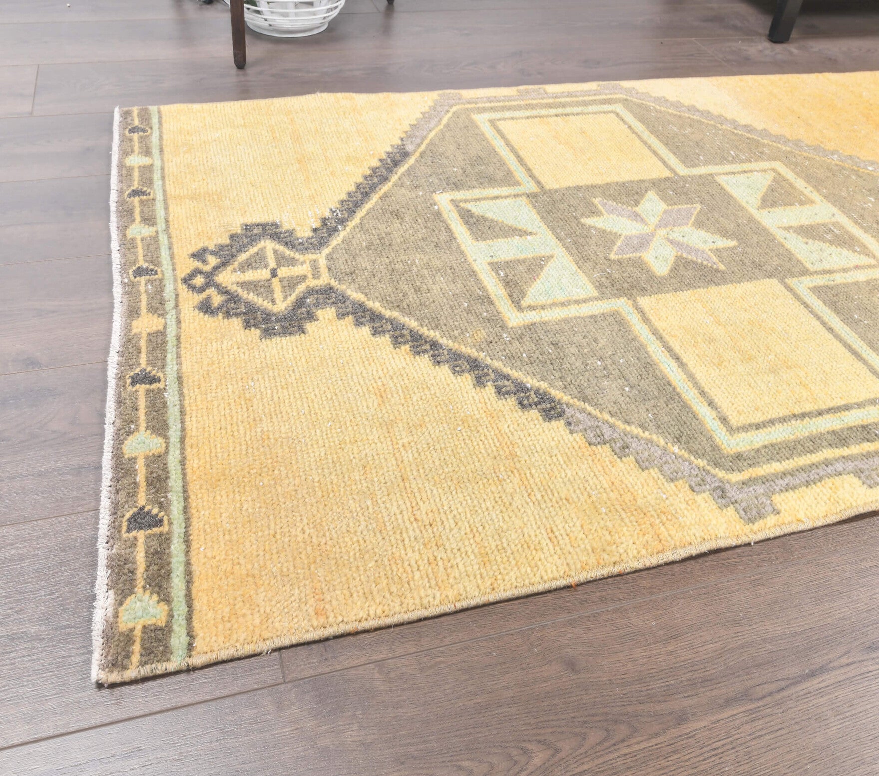 Vintage Faded Yellow Oushak Runner Rug