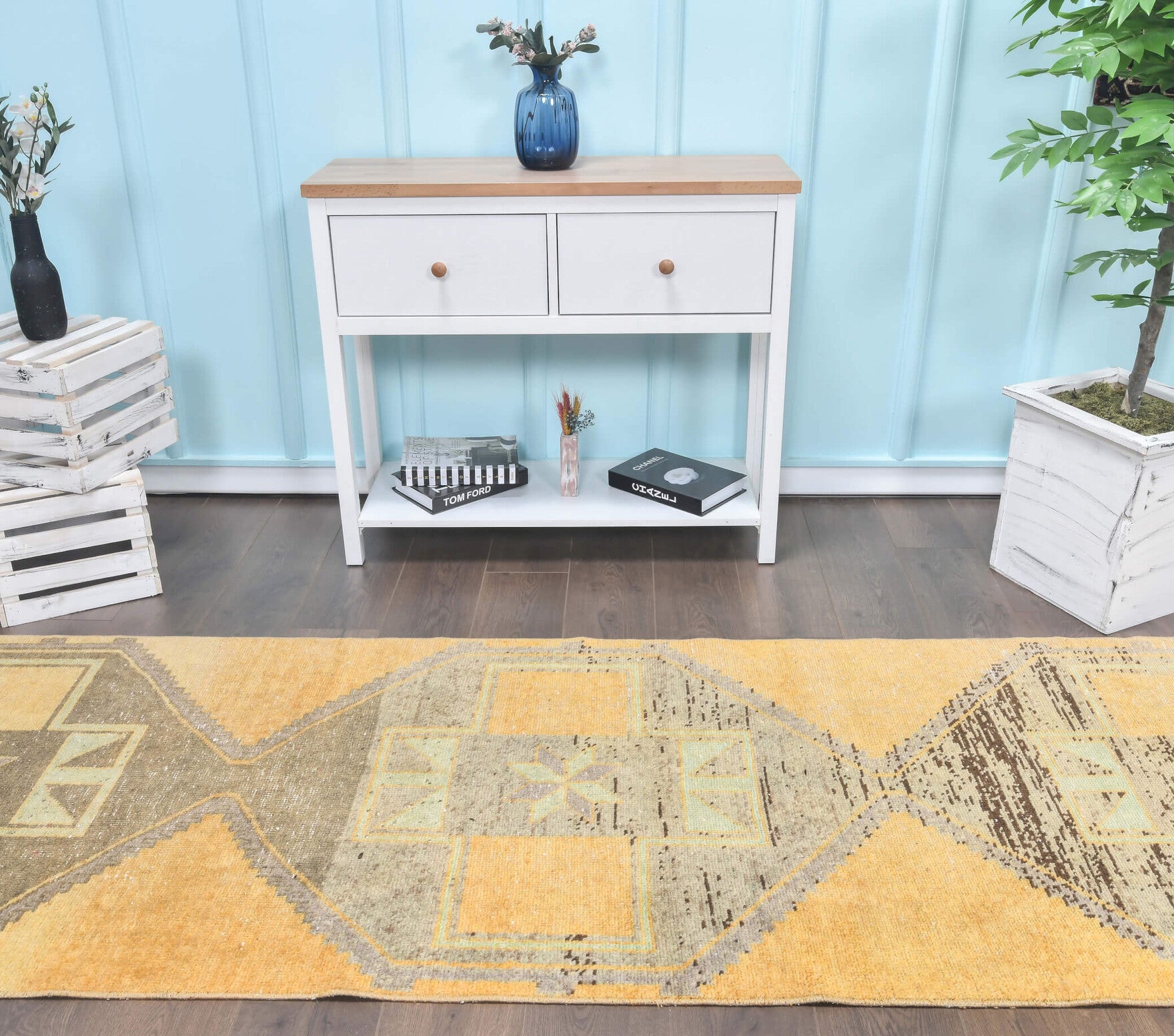 Vintage Faded Yellow Oushak Runner Rug