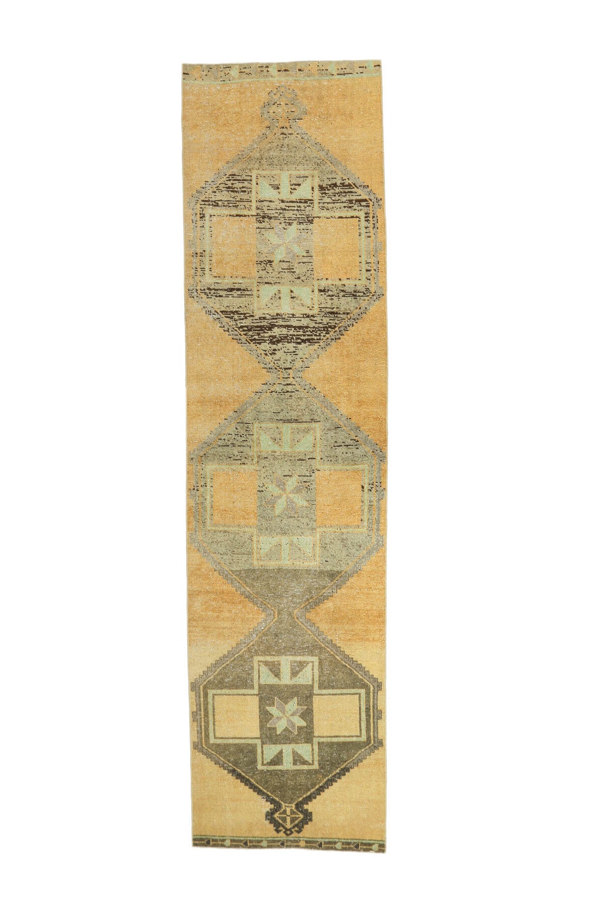 Vintage Faded Yellow Oushak Runner Rug