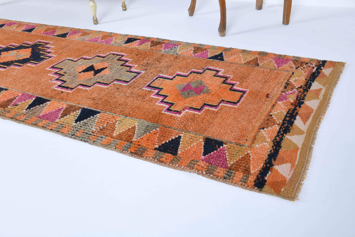 Pericansu runner: 1970s handmade Anatolian runner with ikat motifs and cotton backing