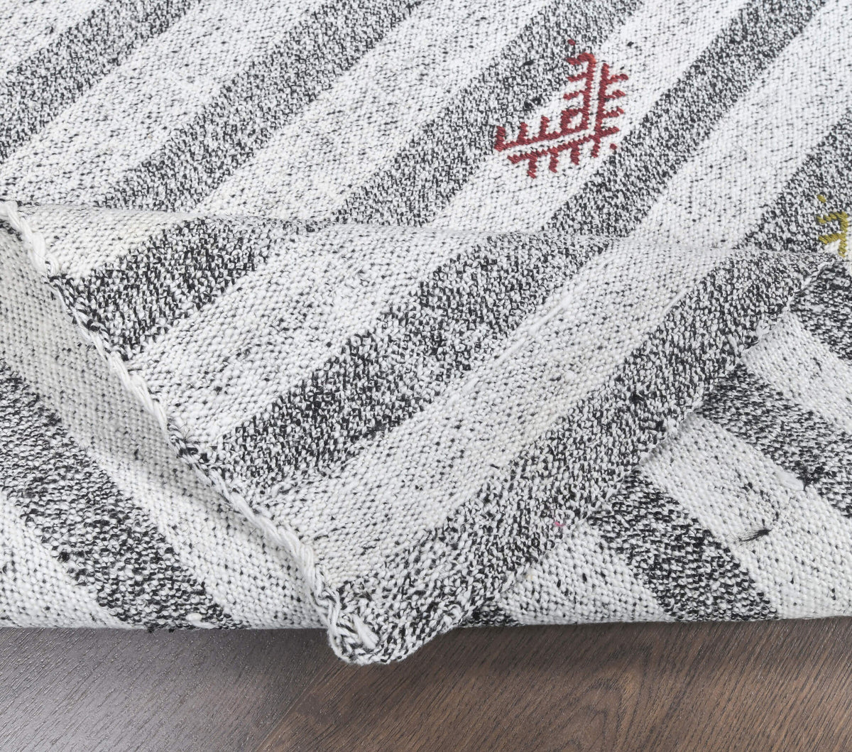 Simumut runner: 1970s handwoven flatweave Anatolian runner with striped motifs and cotton backing