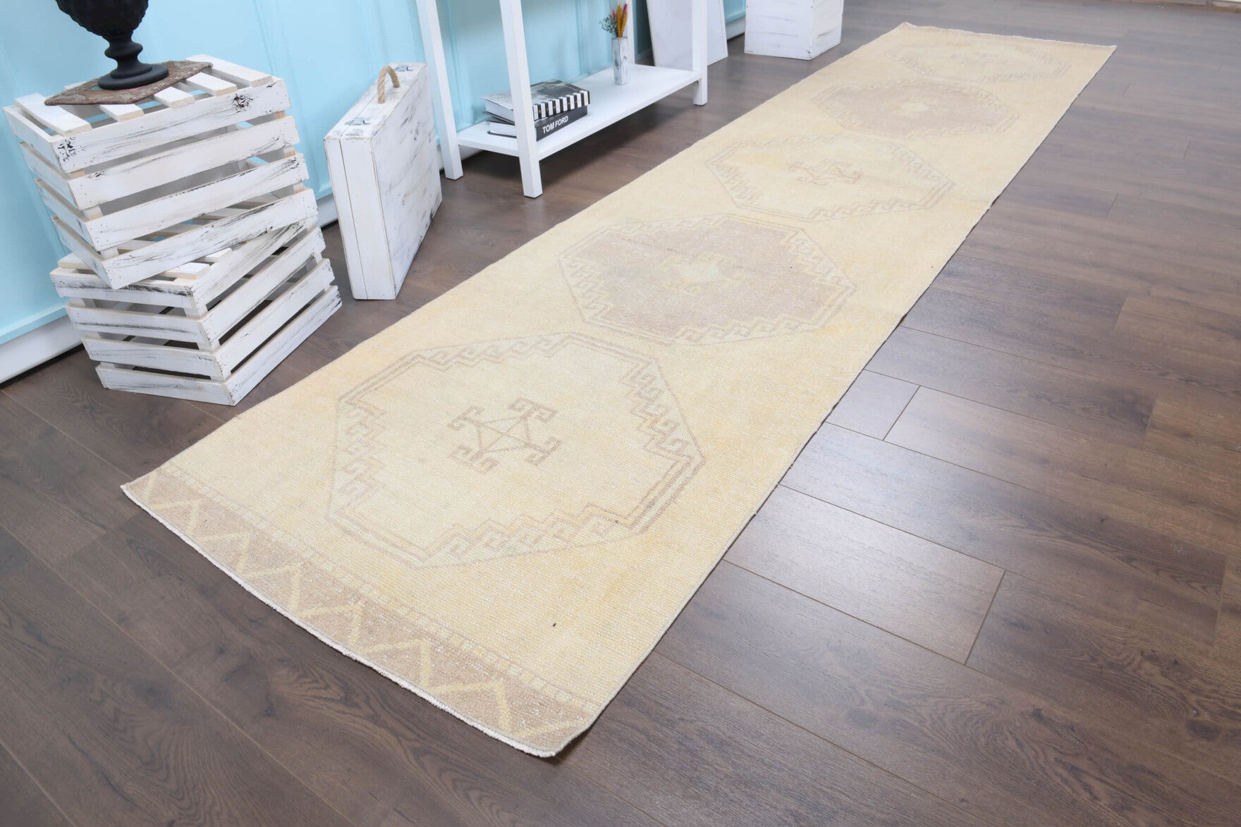 One-of-a-kind 1950s Anatolian antique washed vintage runner rug in wool, 3' x 12'6"