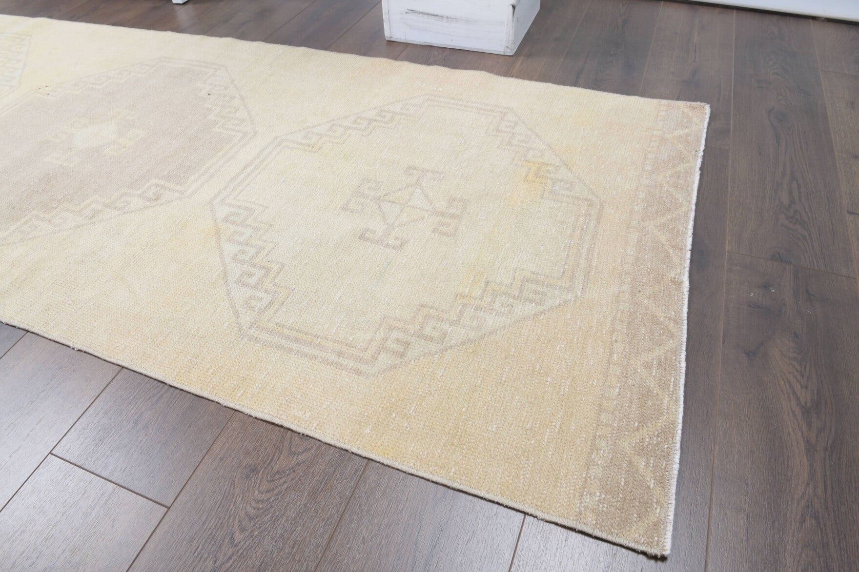 Authentic Anatolian antique washed vintage runner rug (1950s) with geometric design – one-of-a-kind at Fame Rugs
