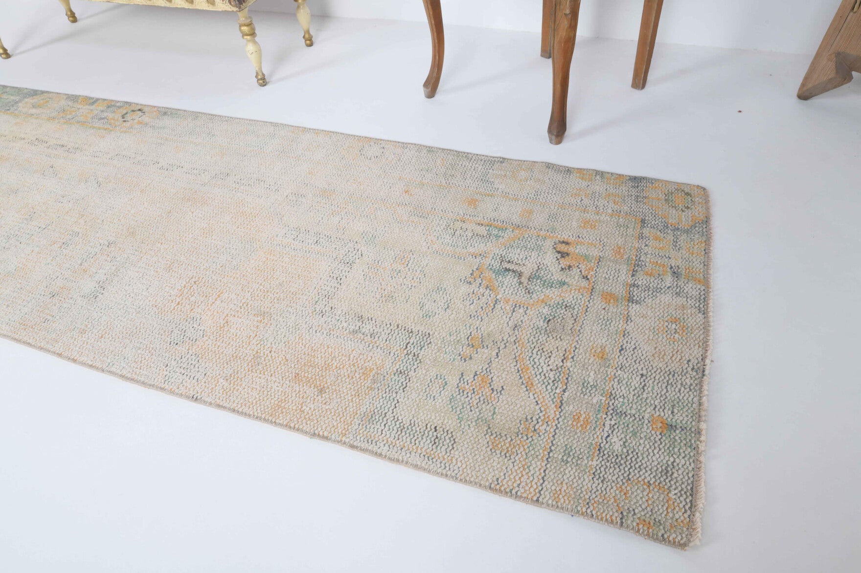 Eleuthephile runner: 1940s handmade Anatolian runner with abstract motifs and cotton backing