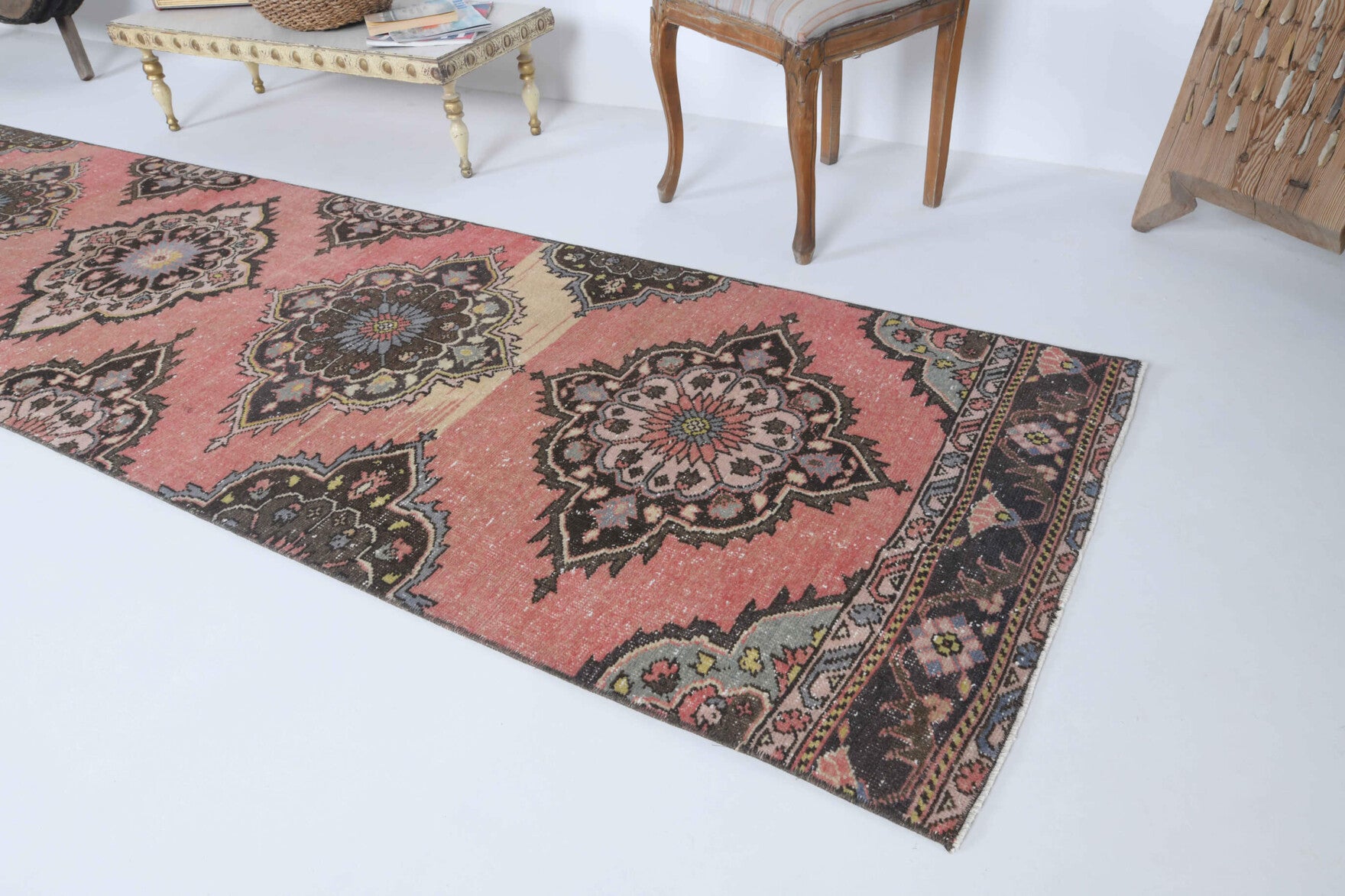 Eirenethea runner: 1970s handmade Anatolian runner with oriental motifs and cotton backing