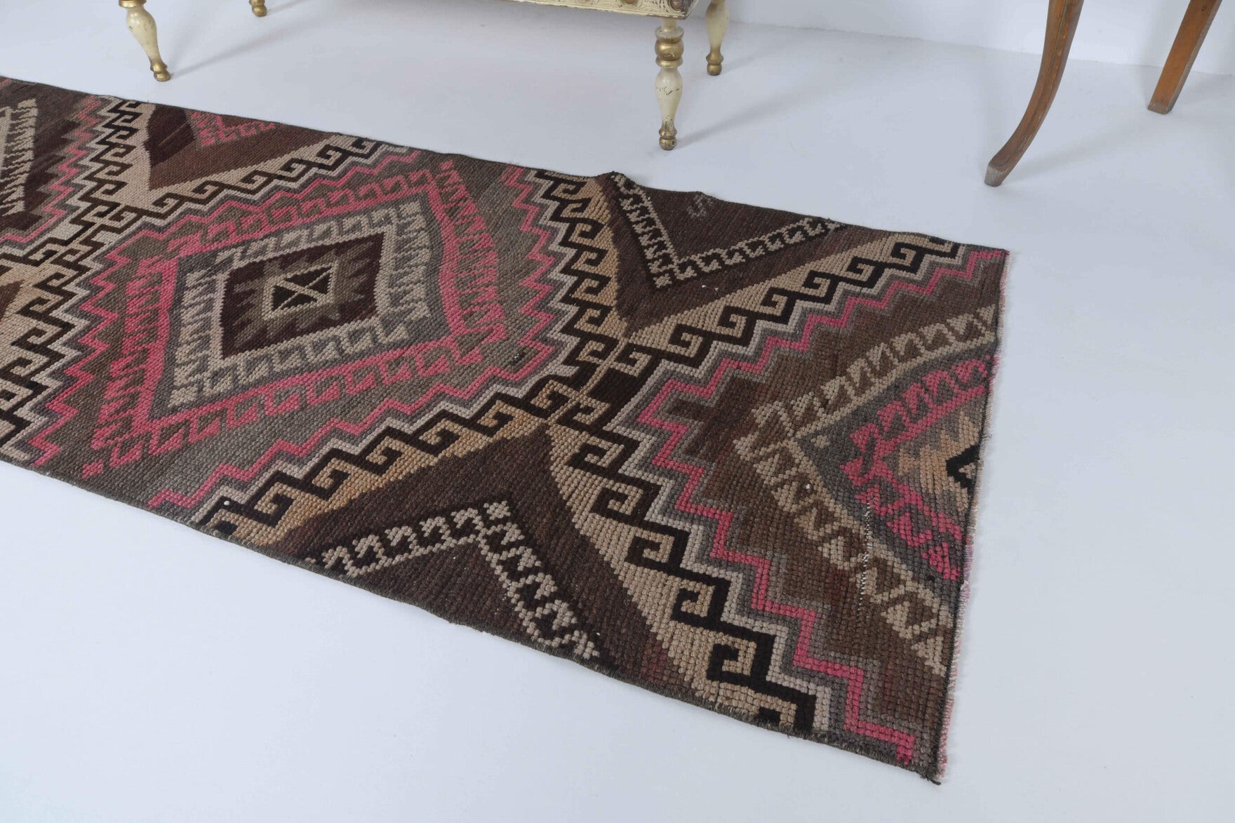 Ecedil runner: 1970s handmade Anatolian runner with oriental motifs and cotton backing