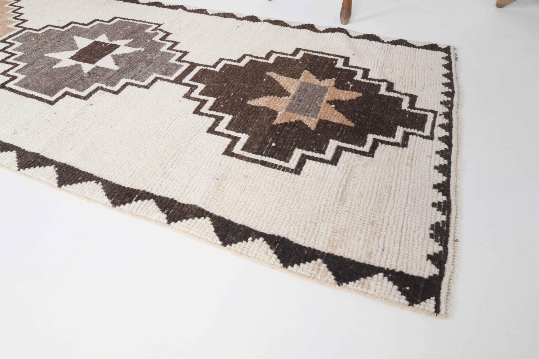 Durusel runner: 1970s handmade Anatolian runner with geometric motifs and cotton backing