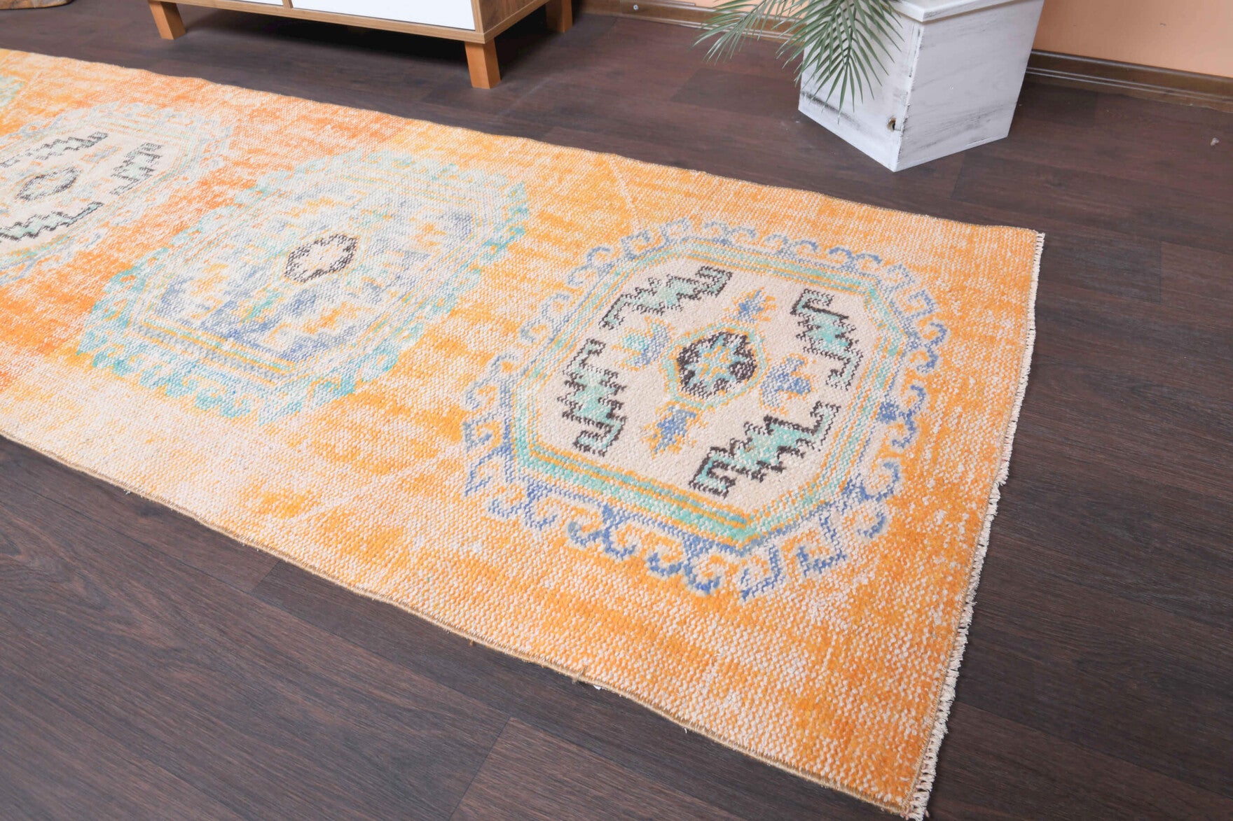 Defnehayat runner: 1970s handmade Anatolian runner with oriental motifs and cotton backing