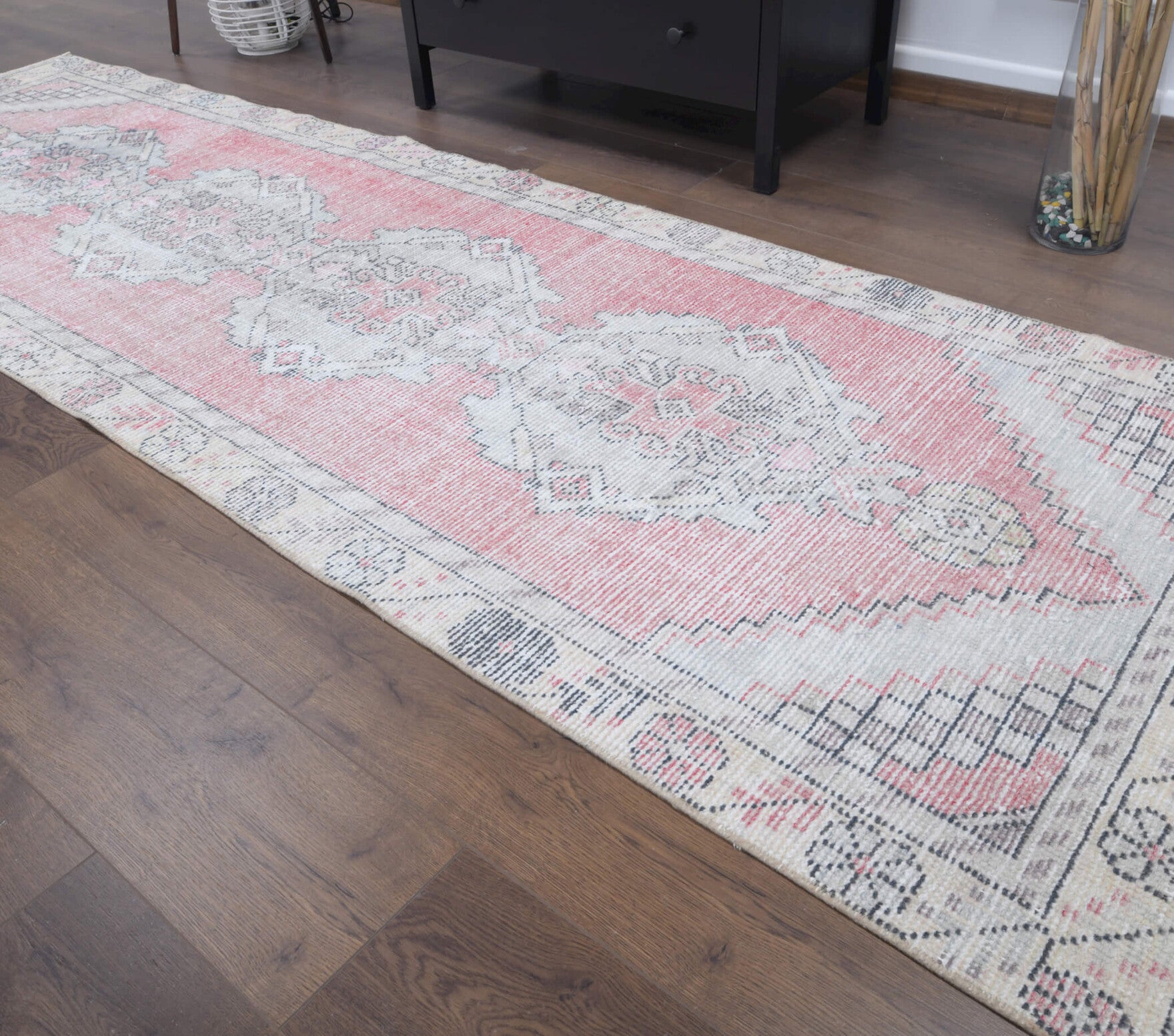 Zumrutan runner: 1970s handmade Anatolian runner with oriental motifs and cotton backing
