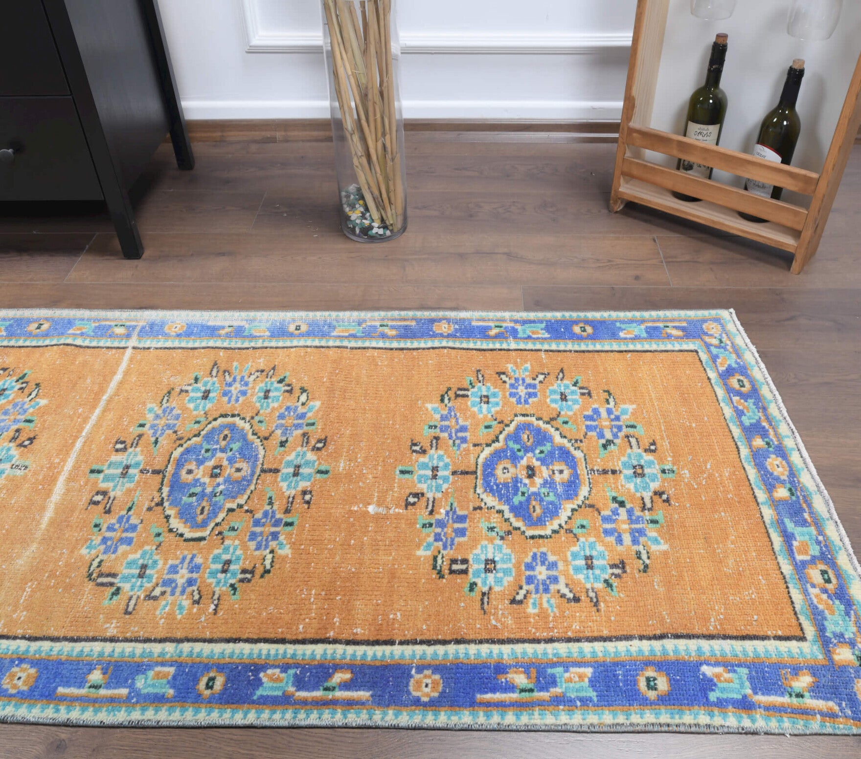 Zulalpezir runner: 1970s handmade Anatolian runner with oriental motifs and cotton backing