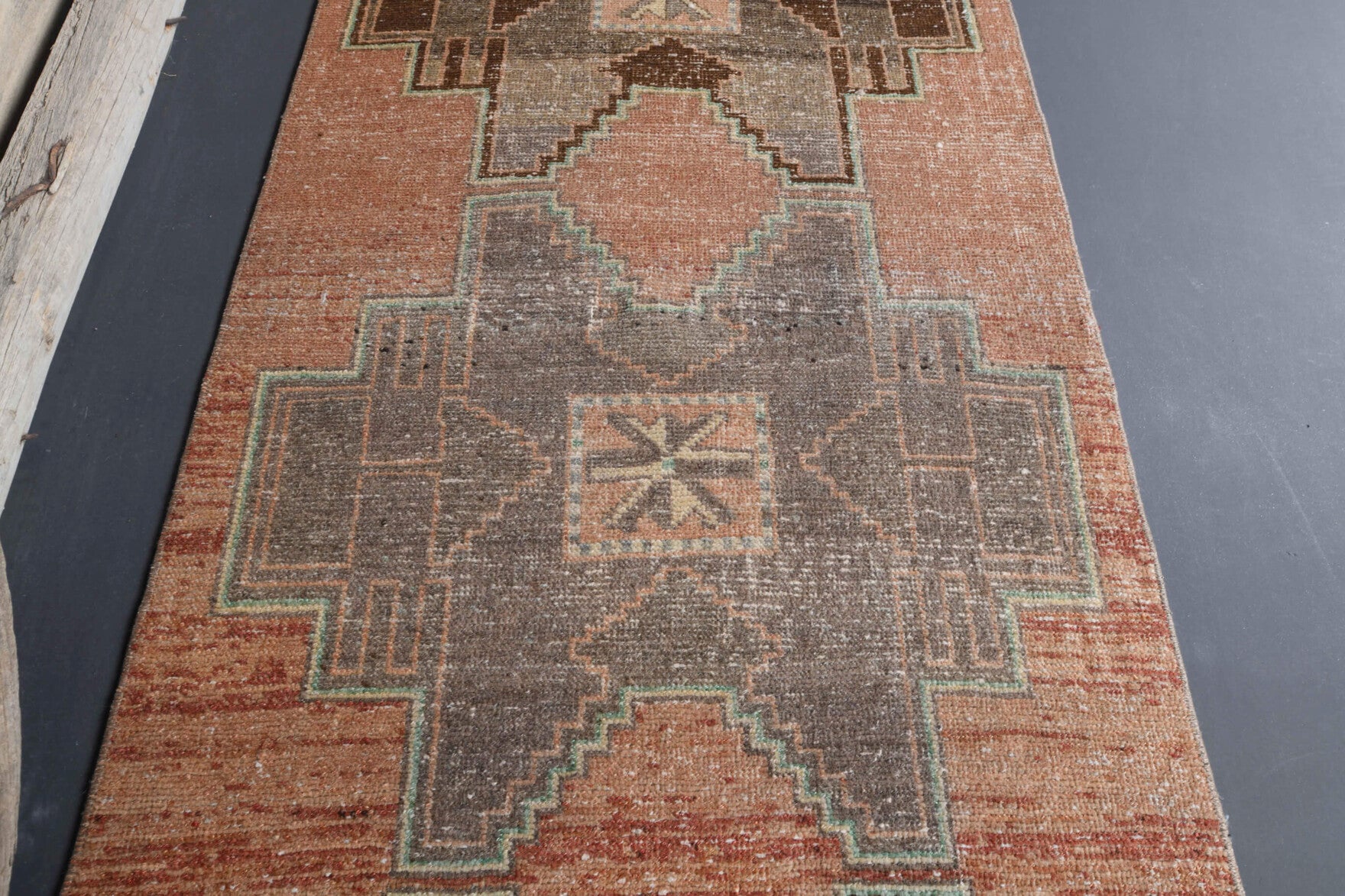 Zarifenaz runner: 1970s handmade Anatolian runner with geometric motifs and cotton backing