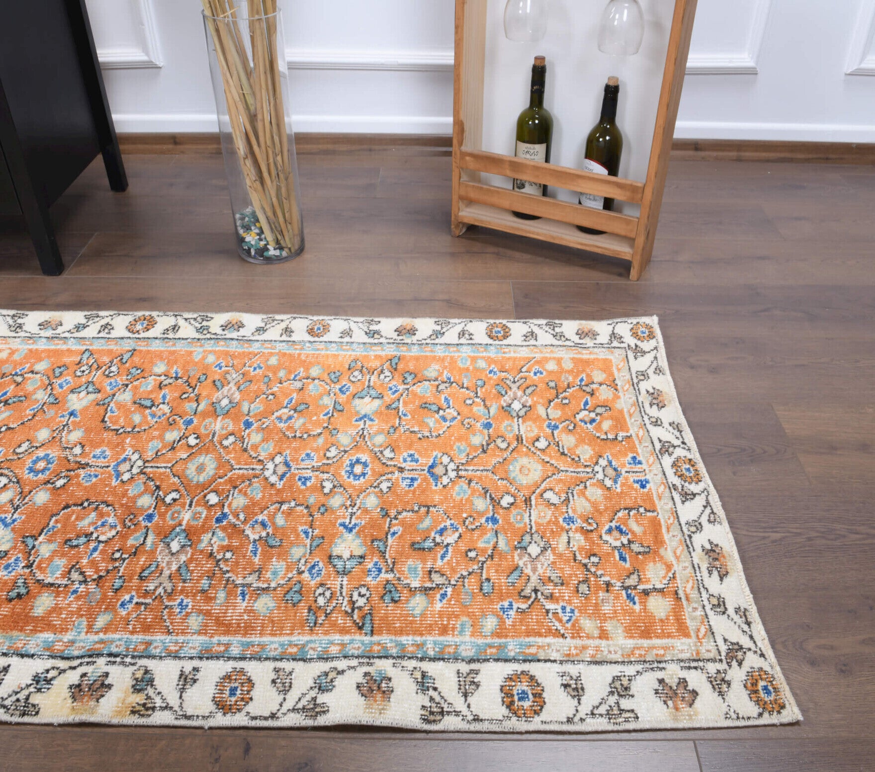 Myrtonesia runner: 1970s handmade Anatolian runner with floral motifs and cotton backing