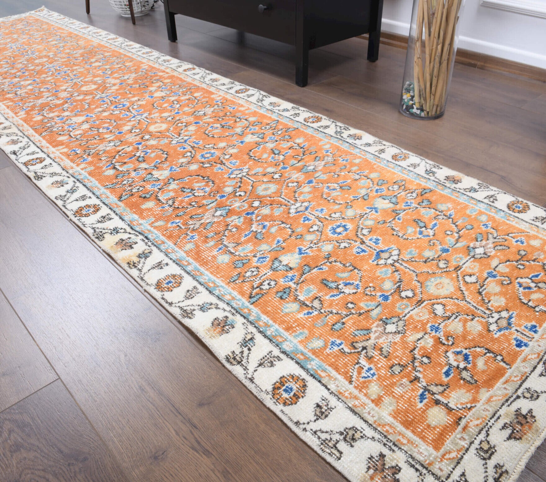 80x318 cm vintage Anatolian runner rug – Myrtonesia, low pile, wool