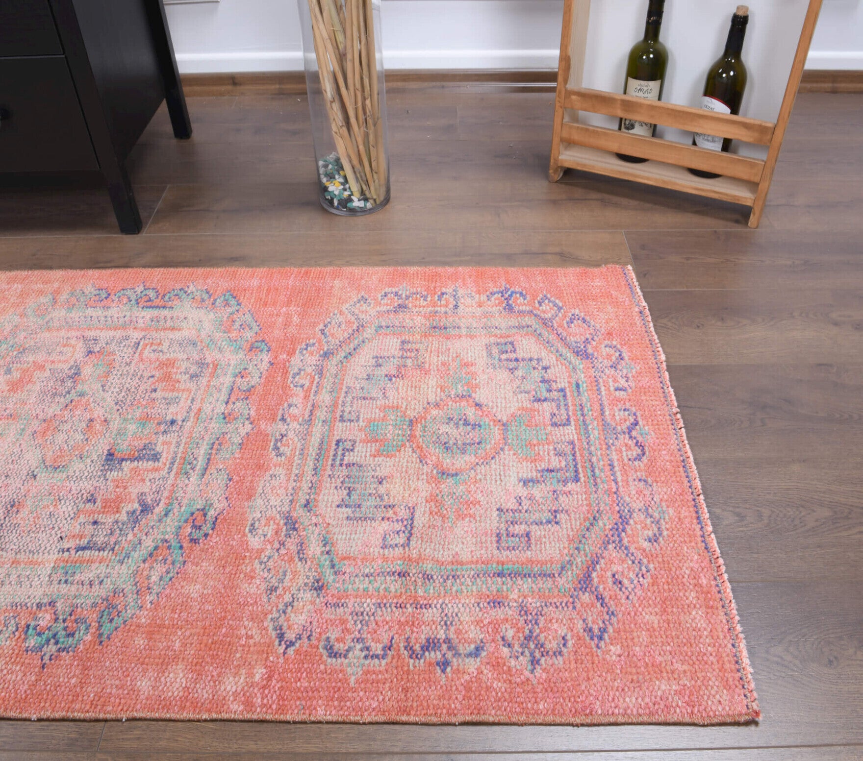 Karanfilsu runner: 1960s handmade Anatolian runner with oriental motifs and cotton backing
