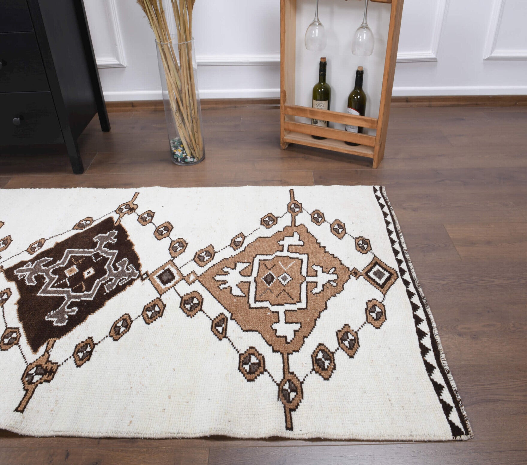 Iristhene runner: 1970s handmade Anatolian runner with geometric motifs and cotton backing