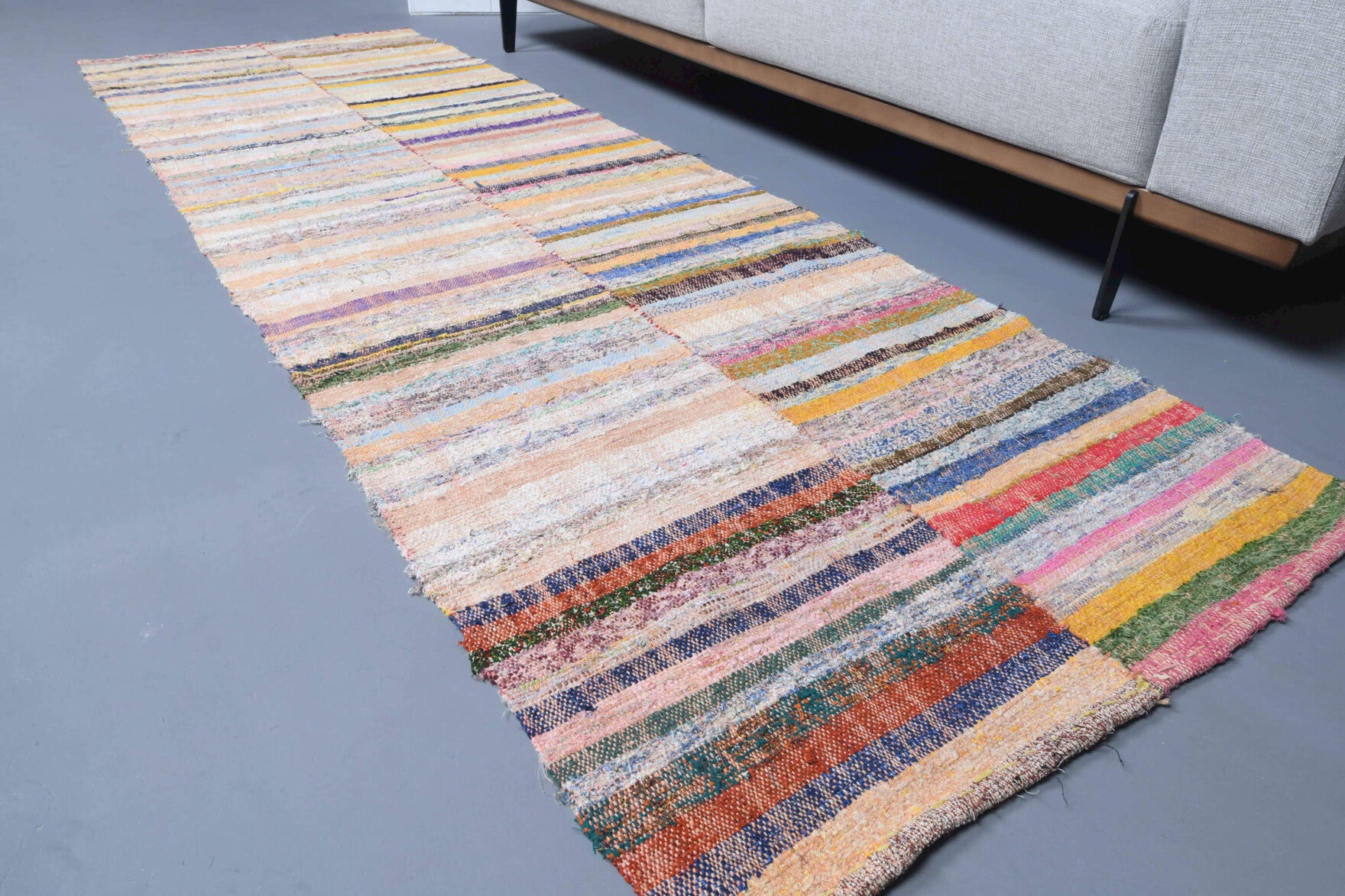 Nedimpeyker runner: 1960s handwoven flatweave Anatolian runner with striped motifs