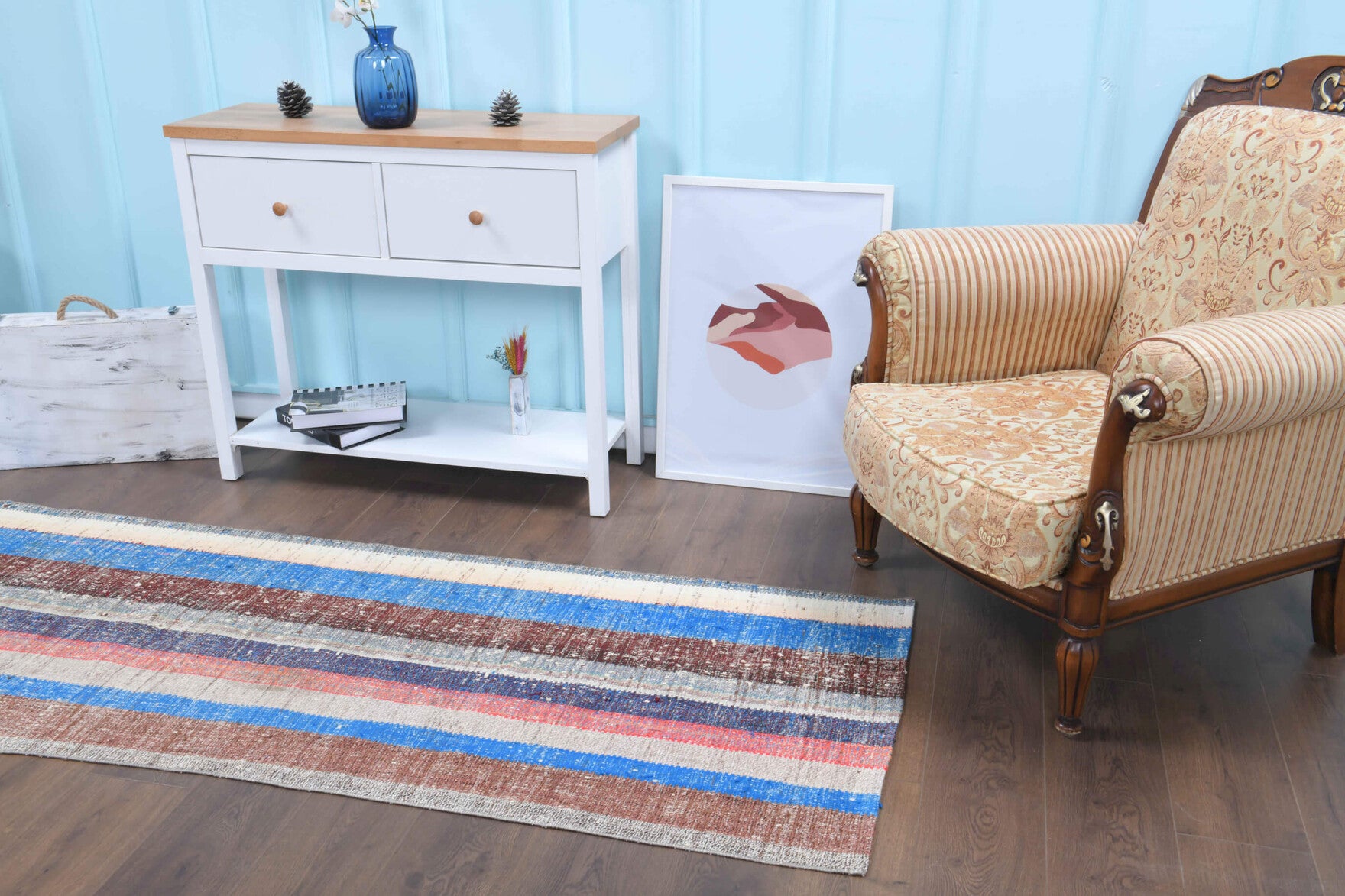 Nakssultan runner: 1960s handwoven flatweave Anatolian runner with striped motifs