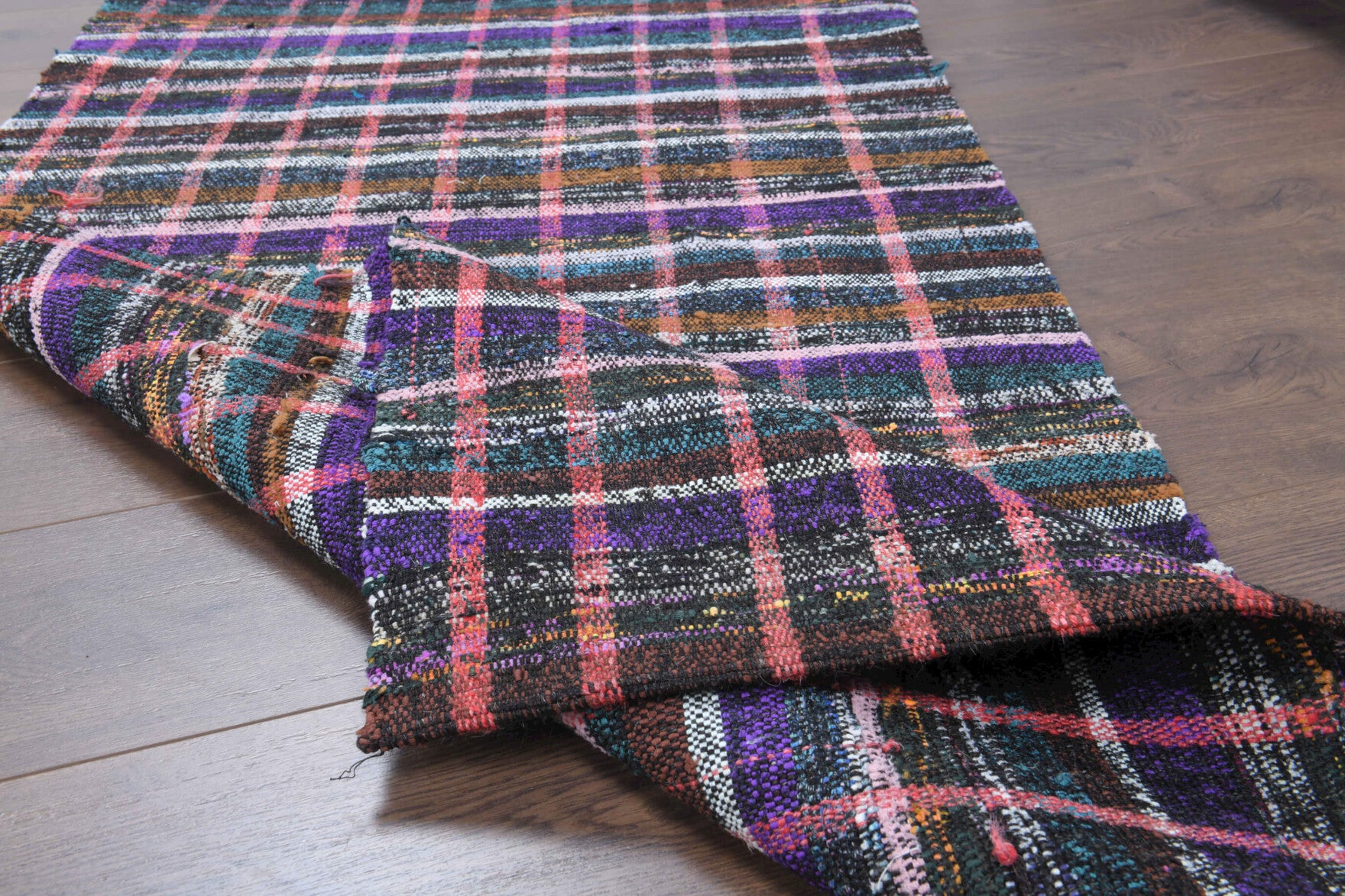 Mercansultan runner: 1960s handwoven flatweave Anatolian runner with striped motifs