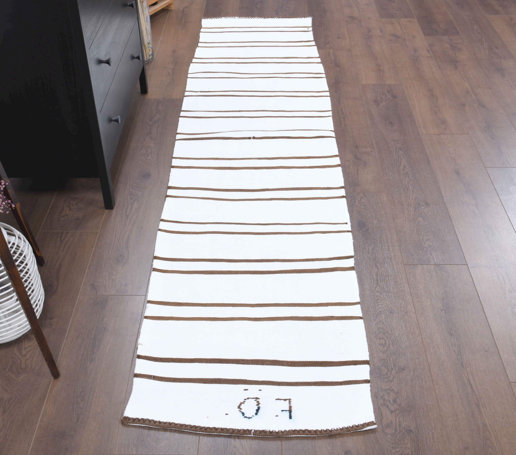 Boho White Striped Vintage Kilim Runner Rug