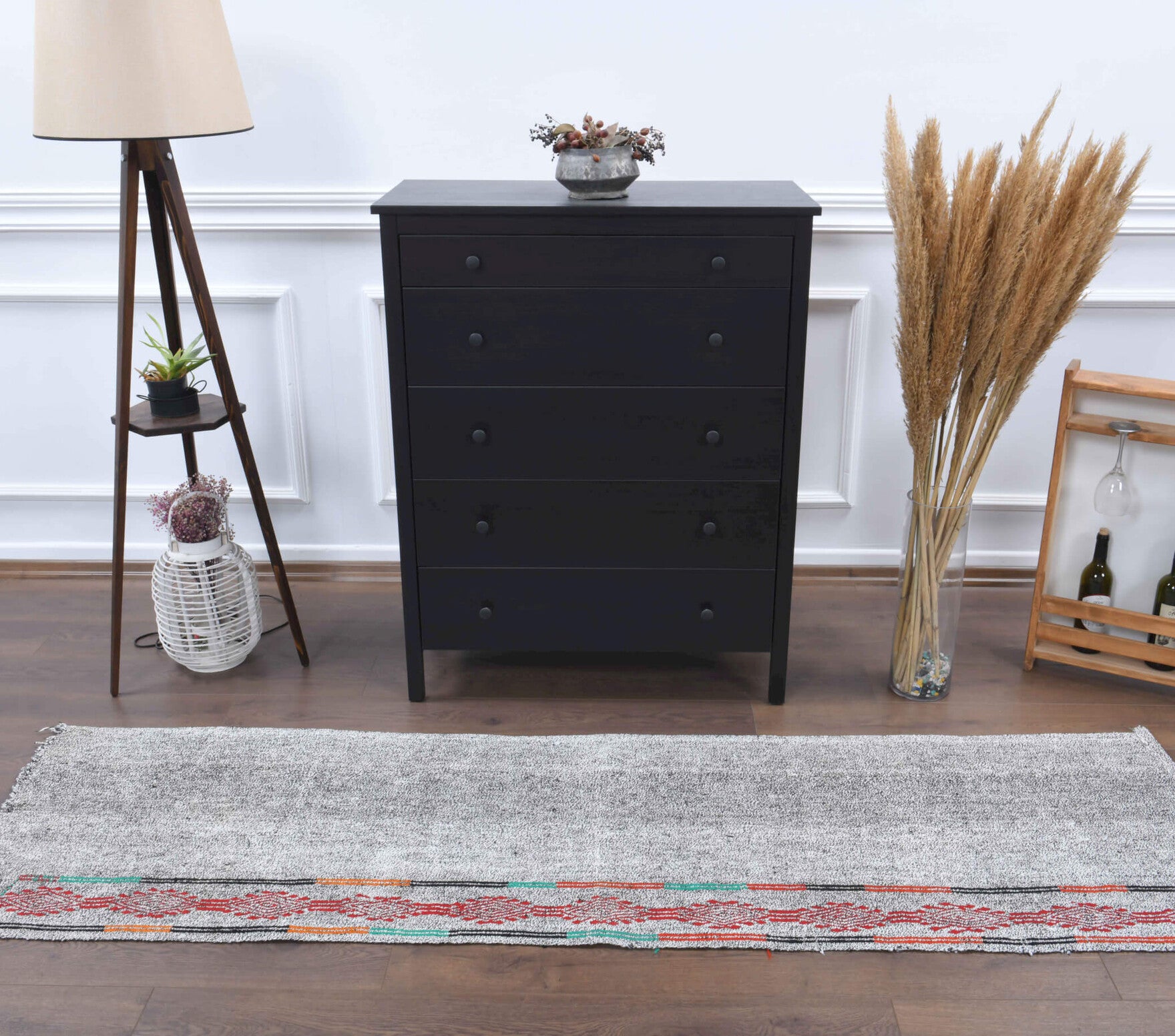 Gray Ethnic Vintage Kilim Runner Rug