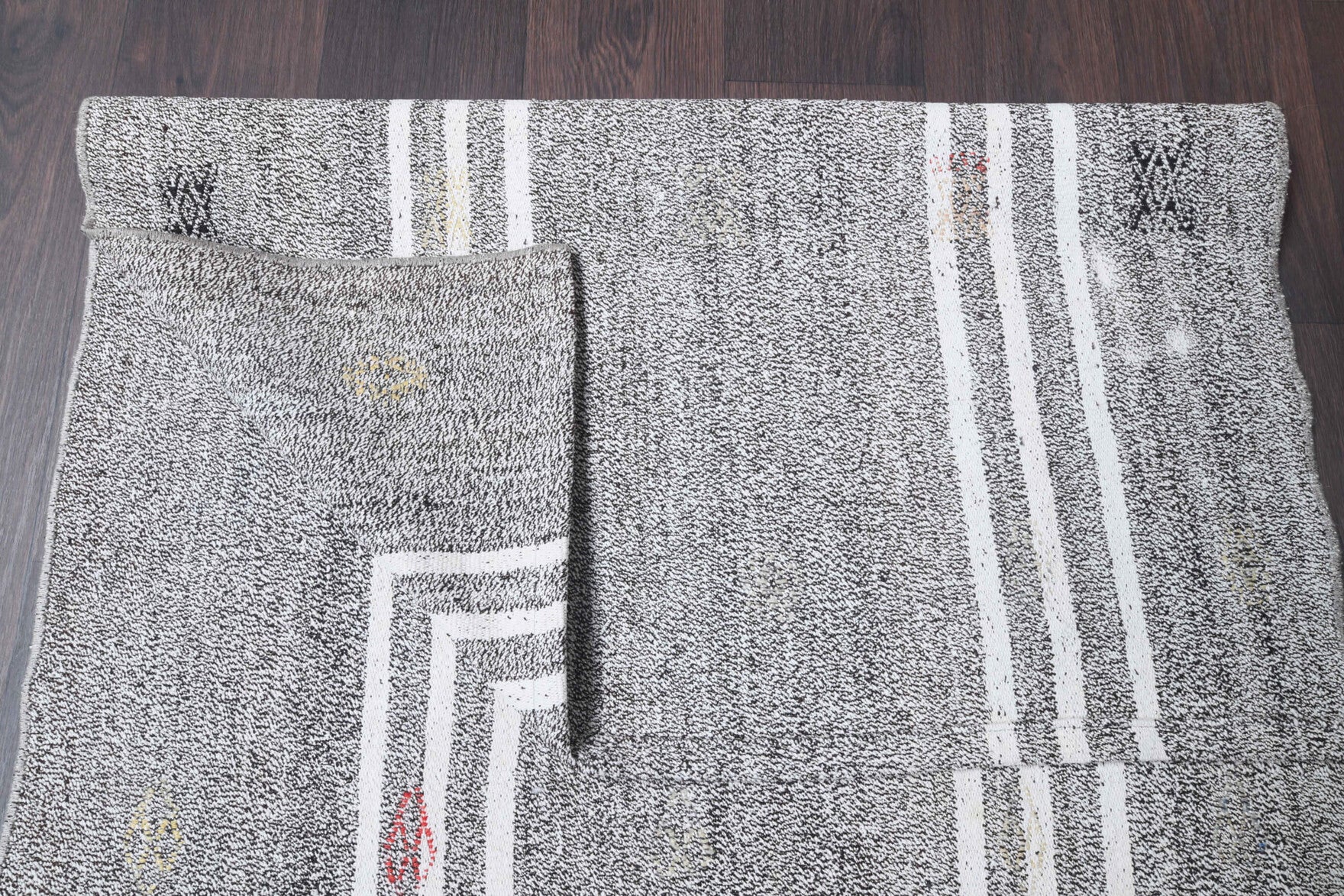 Karaman runner: 1960s handwoven flatweave Anatolian runner with striped motifs