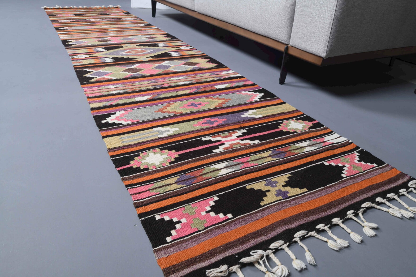 Ipekmelek runner: 1960s handwoven flatweave Anatolian runner with striped motifs