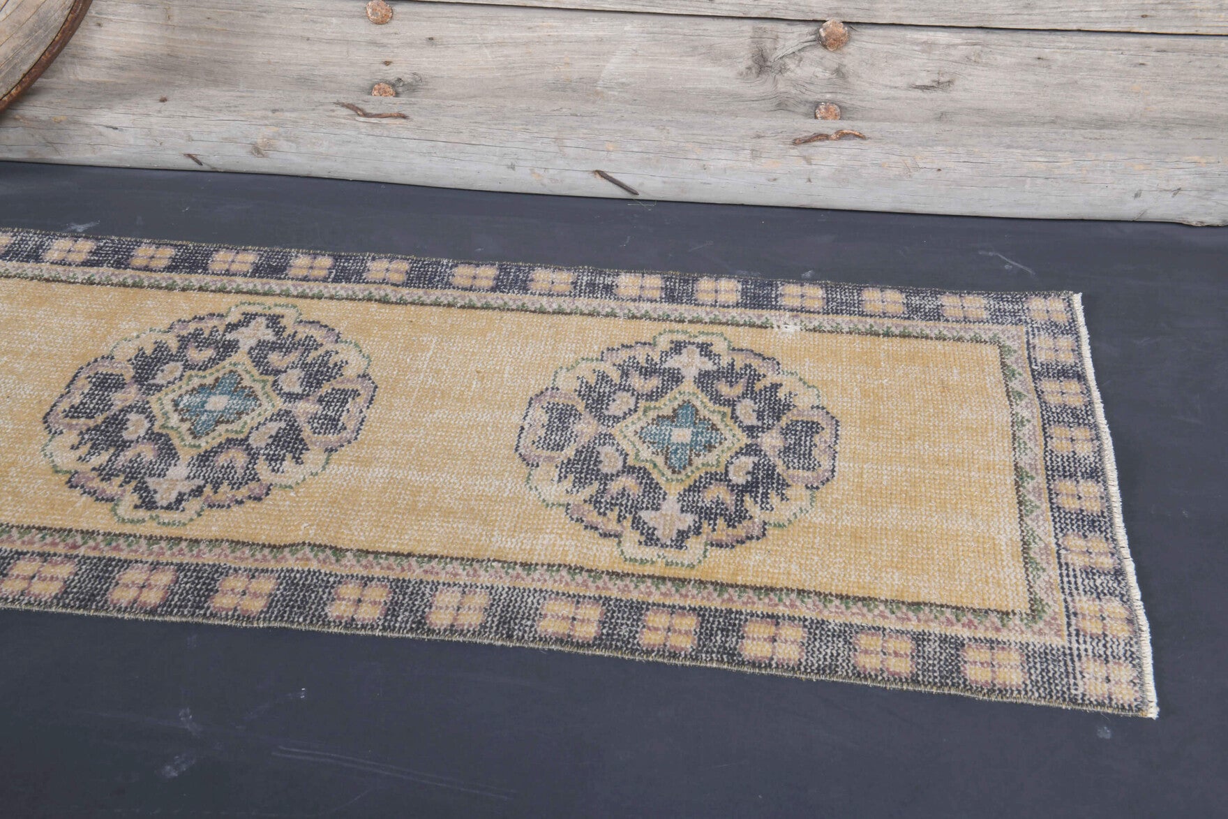 Glaucanthe runner: 1970s handmade Anatolian runner with oriental motifs and cotton backing