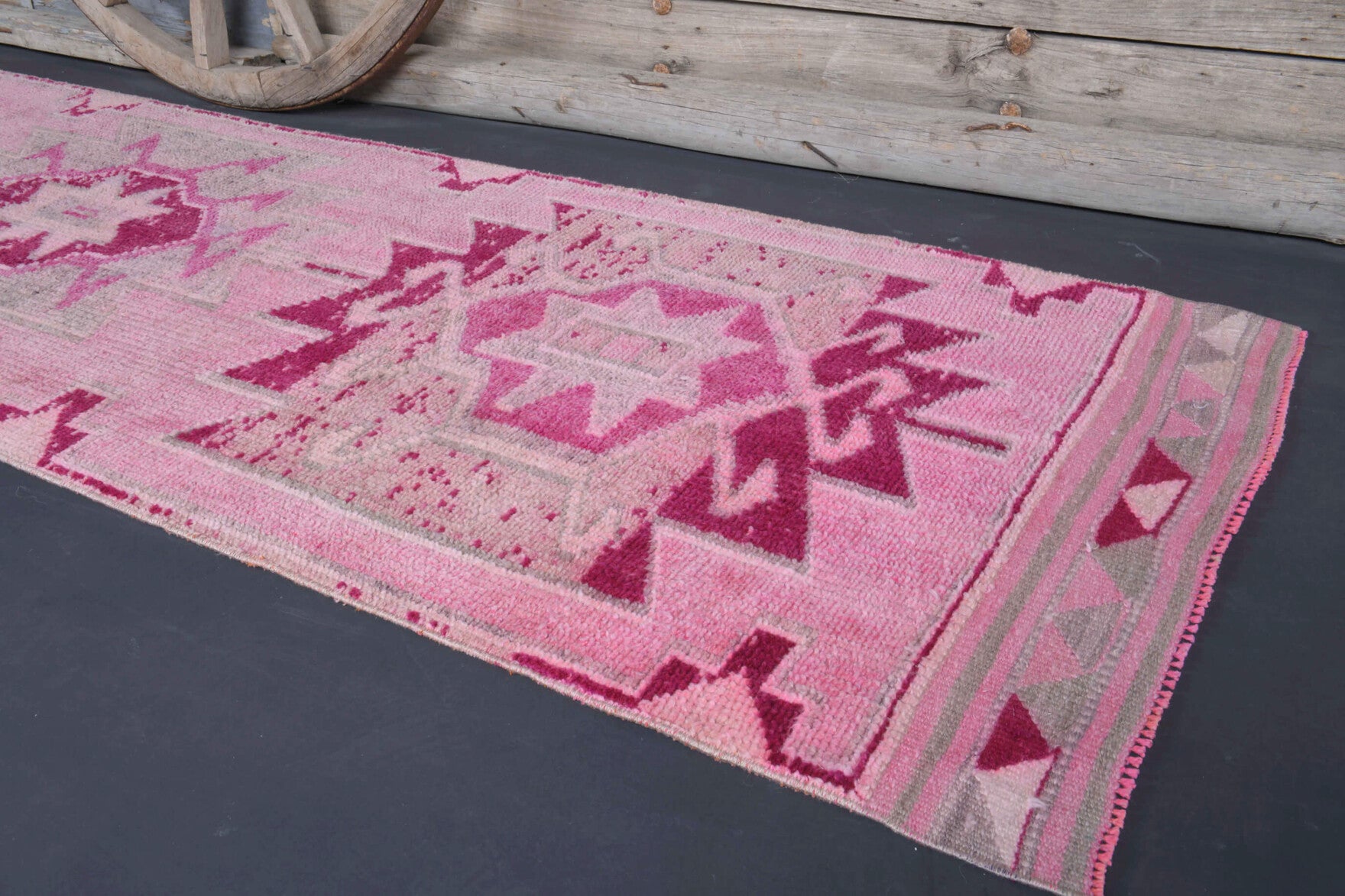Galenogena runner: 1970s handmade Anatolian runner with oriental motifs and cotton backing