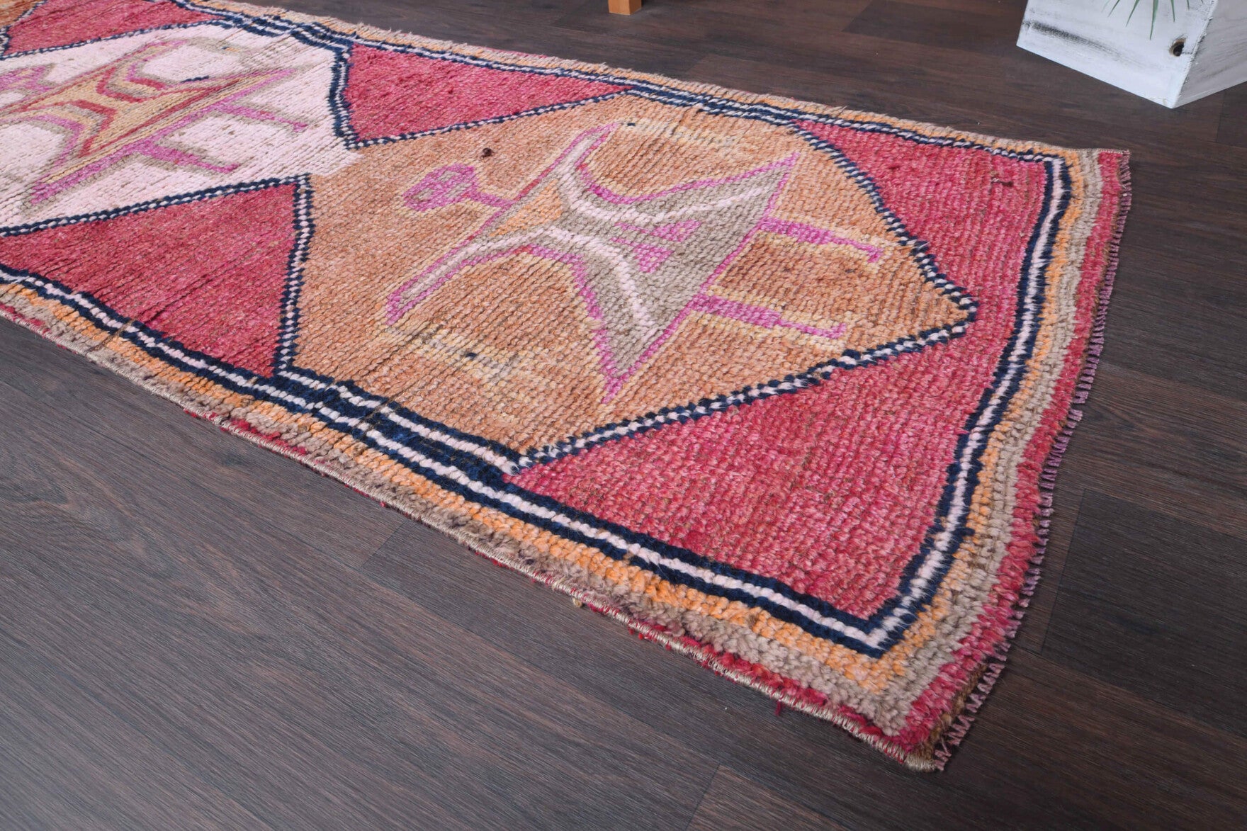 Fundalale runner: 1970s handmade Anatolian runner with human figure motifs and cotton backing