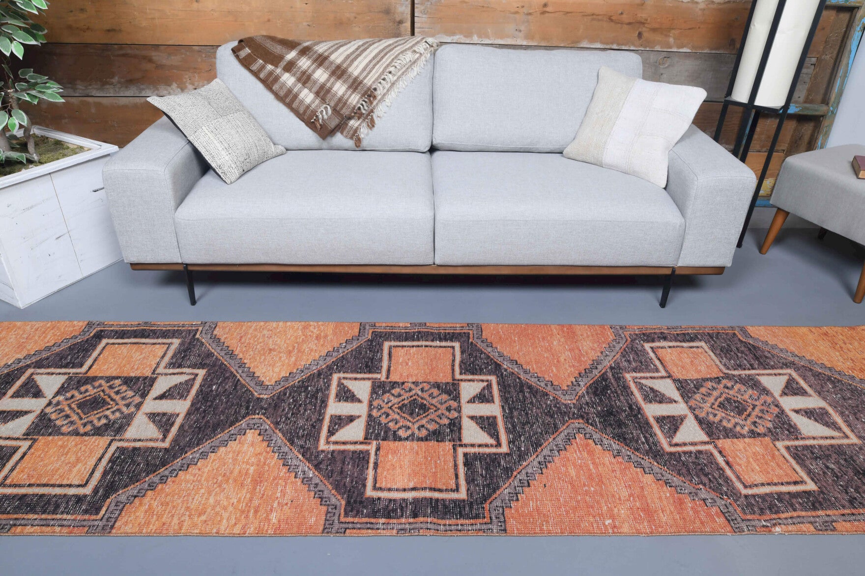 Eumorphe runner: 1970s handmade Anatolian runner with geometric motifs and cotton backing