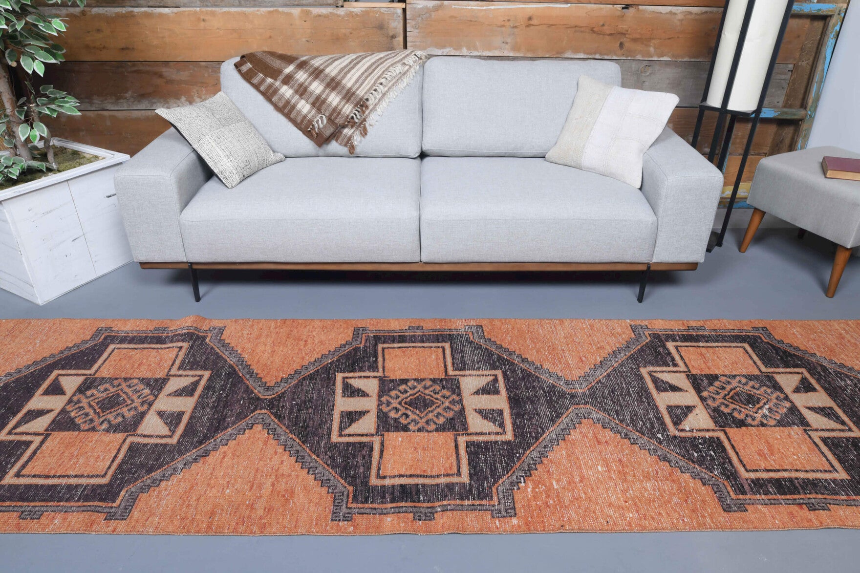 Eter runner: 1970s handmade Anatolian runner with geometric motifs and cotton backing