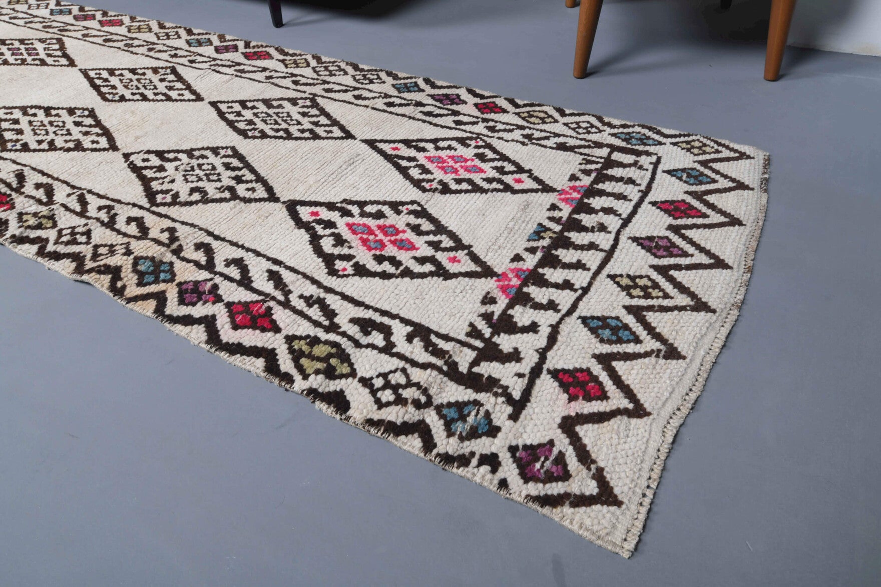 80x401 cm vintage Anatolian runner rug – Elifsad, low pile, wool